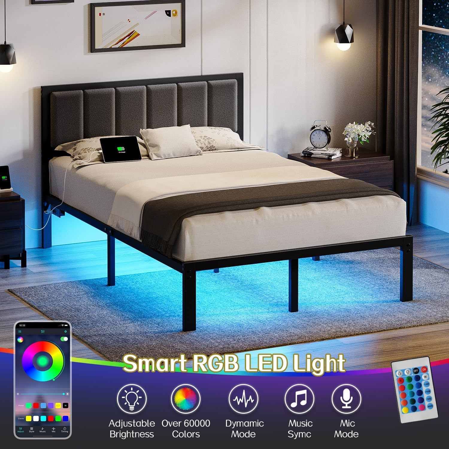 Full Bed Frame with Headboard Metal Platform Bed Full Size with USB Charging Sta