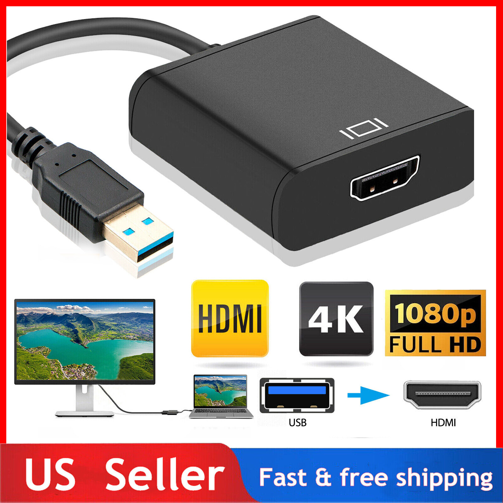HD 1080P USB 3.0 to HDMI Video Cable Adapter Male to Female For PC Laptop LCD TV