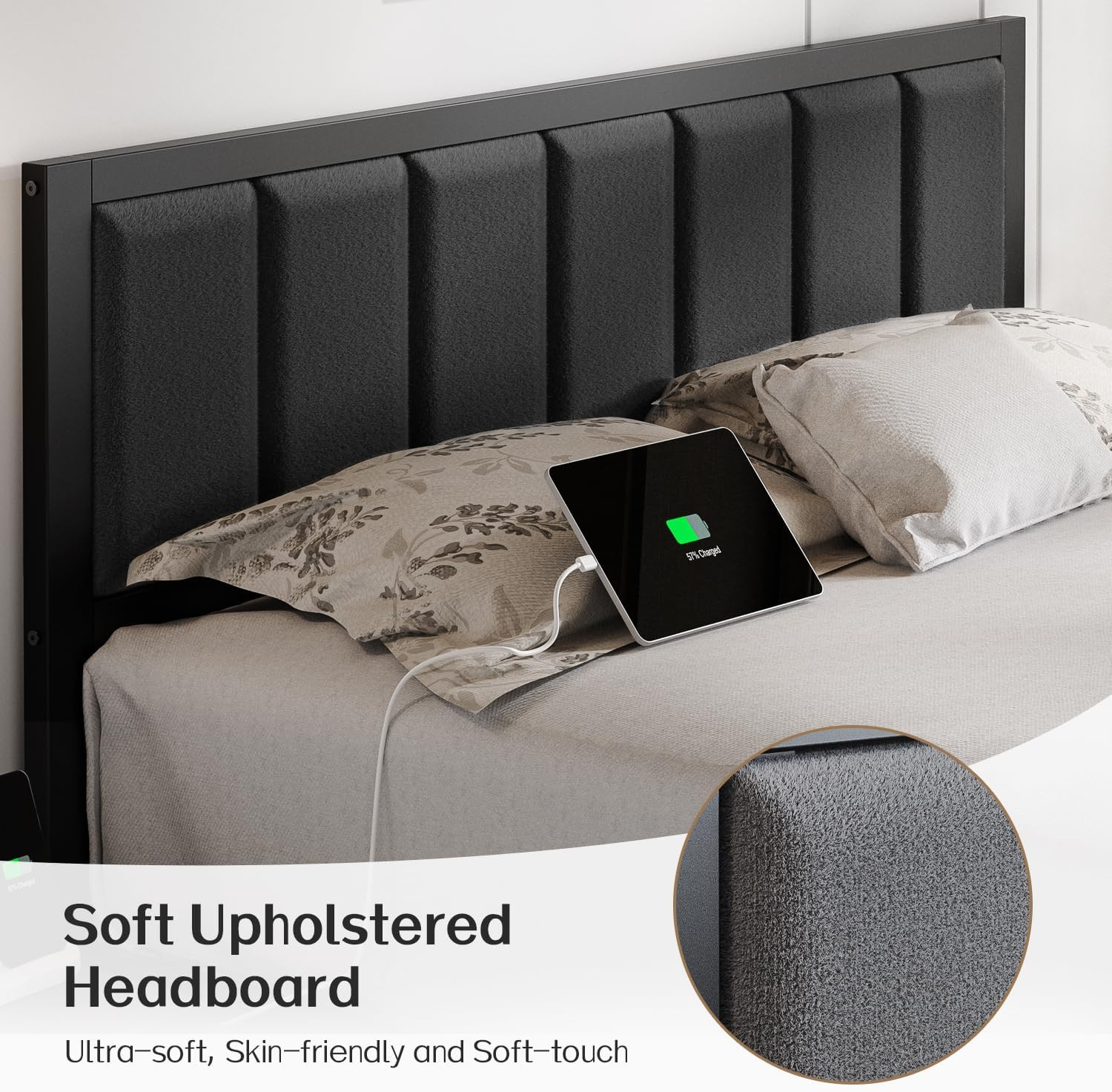 Full Bed Frame with Headboard Metal Platform Bed Full Size with USB Charging Sta