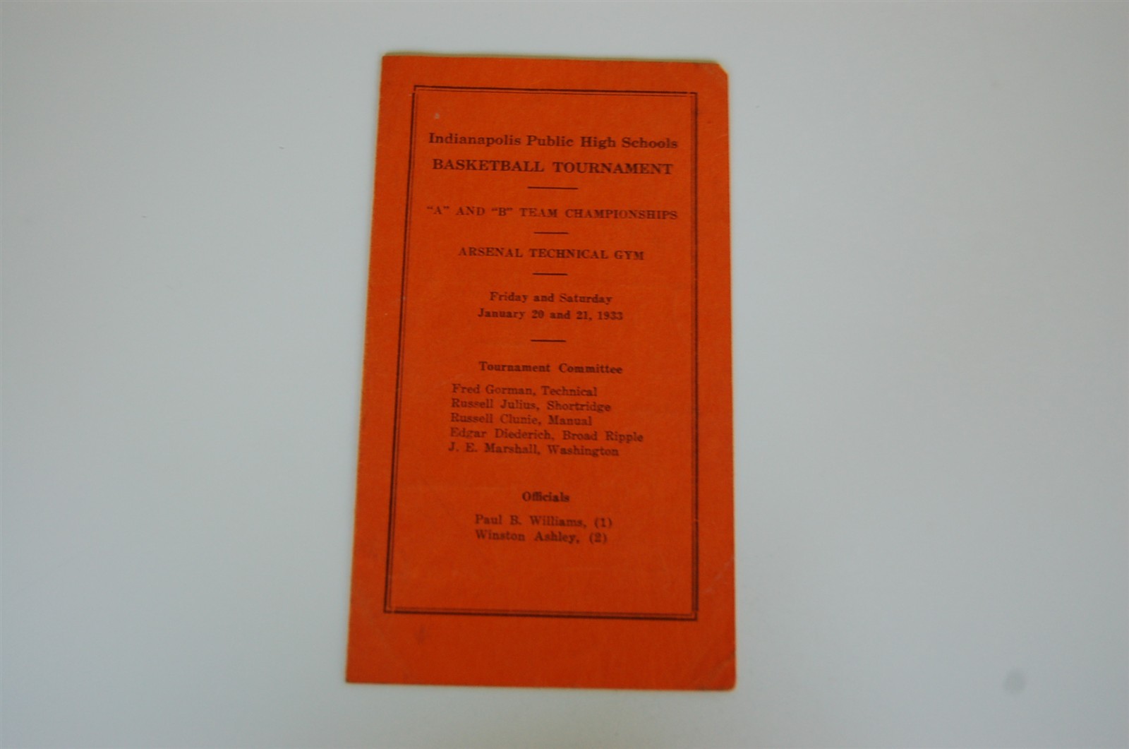 1933 Indianapolis Public Schools High School Basketball Tourney Program