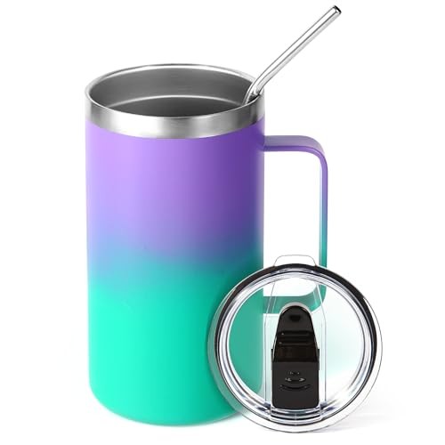 24oz Insulated Coffee Mug with Lid and Straw, Stainless Steel 1 Purple Green