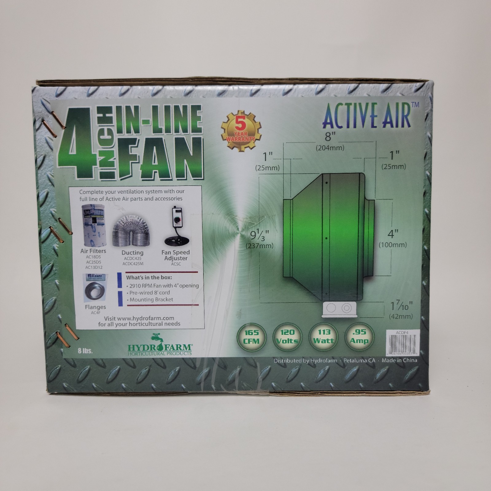 HYDROFARM ACTIVE AIR ACDF4 INLINE 4" DUCT FAN WITH SPEED CONTROL.