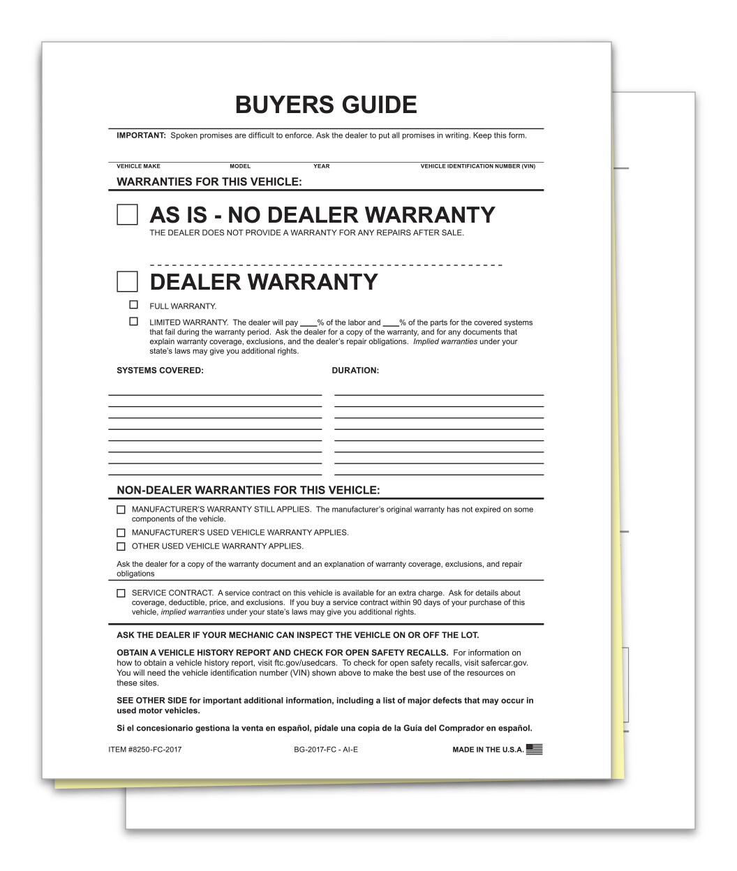 2 PART BUYERS GUIDE FORM FILE COPY NO TAPE AS IS WARRANTY 100 PER PACK CAR LOT