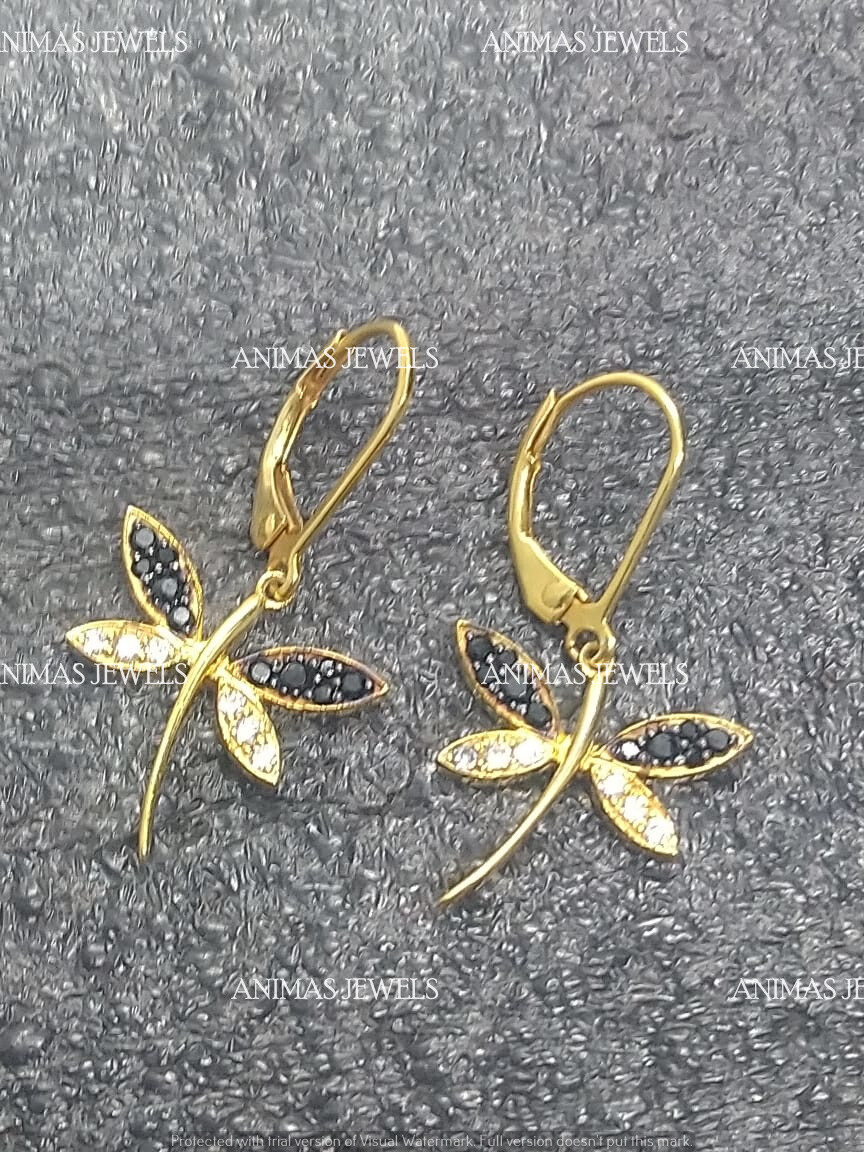 1.00Ct Black & White Moissanite Dragonfly Earrings 14K Yellow Gold Plated Silver