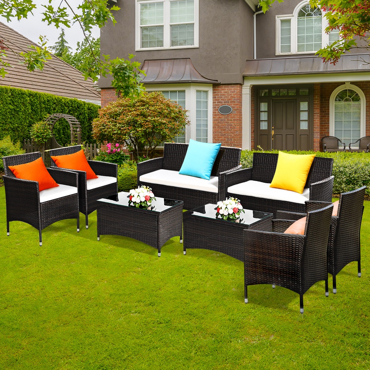 8 PCS Patio Garden Rattan Furniture Set Coffee Table Cushioned Sofa Brown
