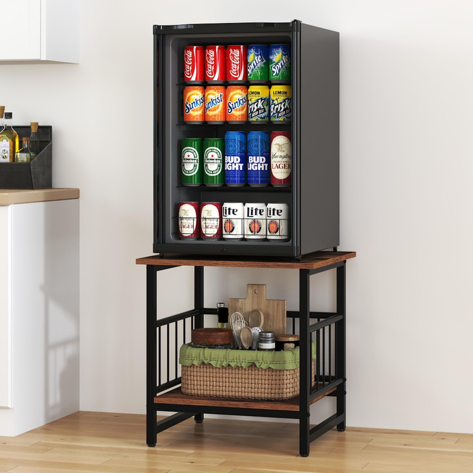 Industrial Night Stand, 18” Square Side Table with Open Storage Shelf, Bedsid...