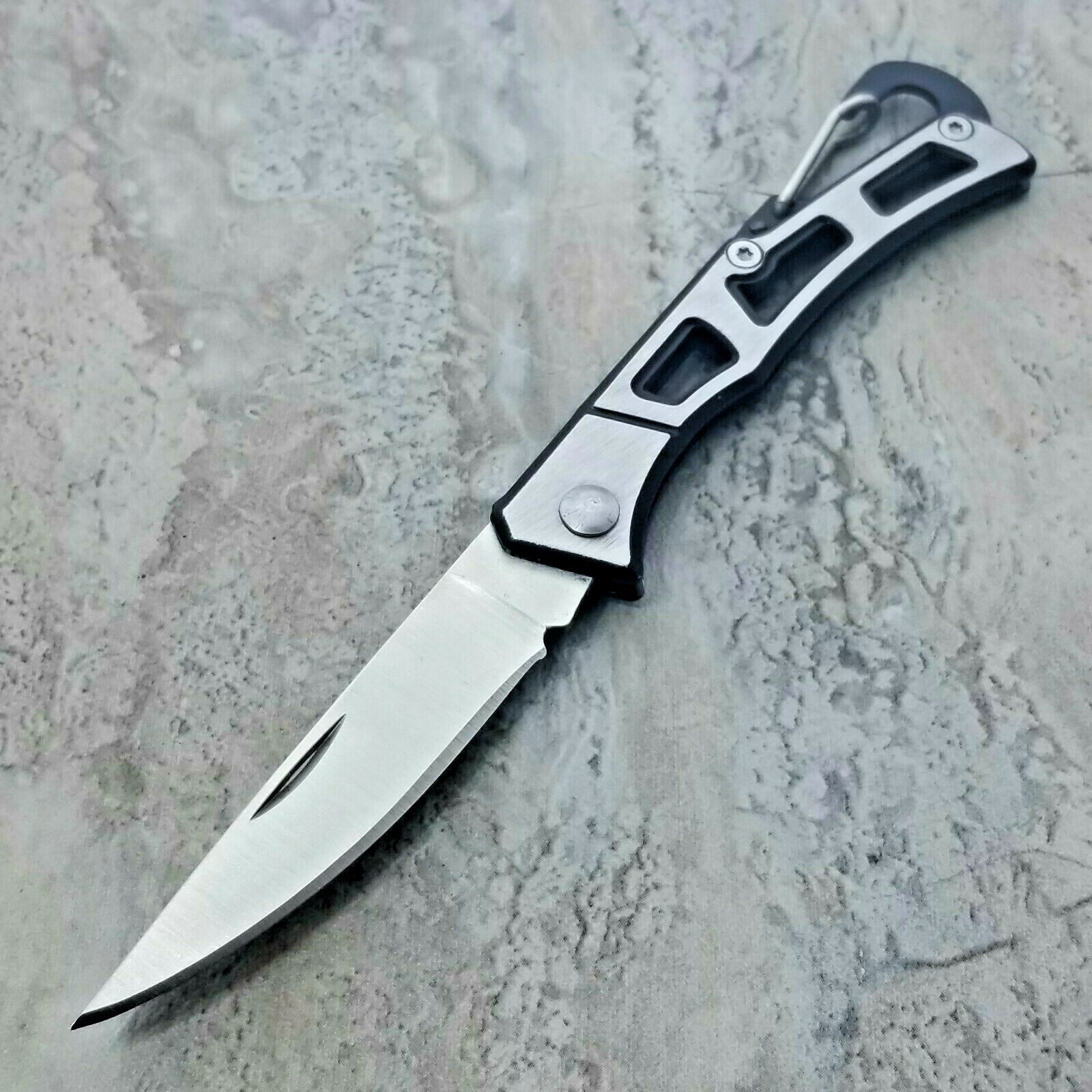 Folding Pocket Knife W/Carabiner Attachment Clip Drop Point Single Blade Gray