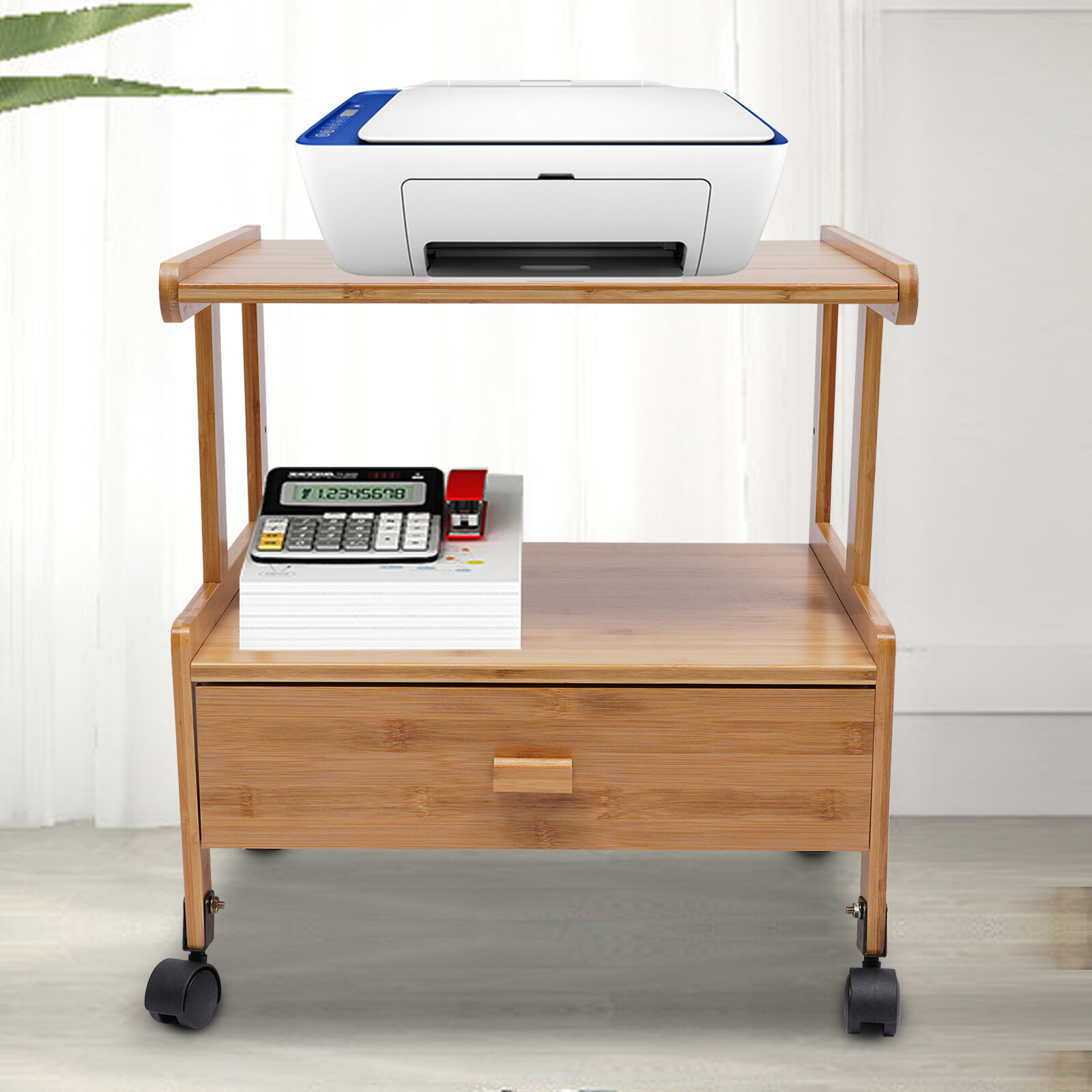 Printer Stand Wheels 2 Tiers Shelf Desk Machine Bamboo Cart Rolling Storage Rack