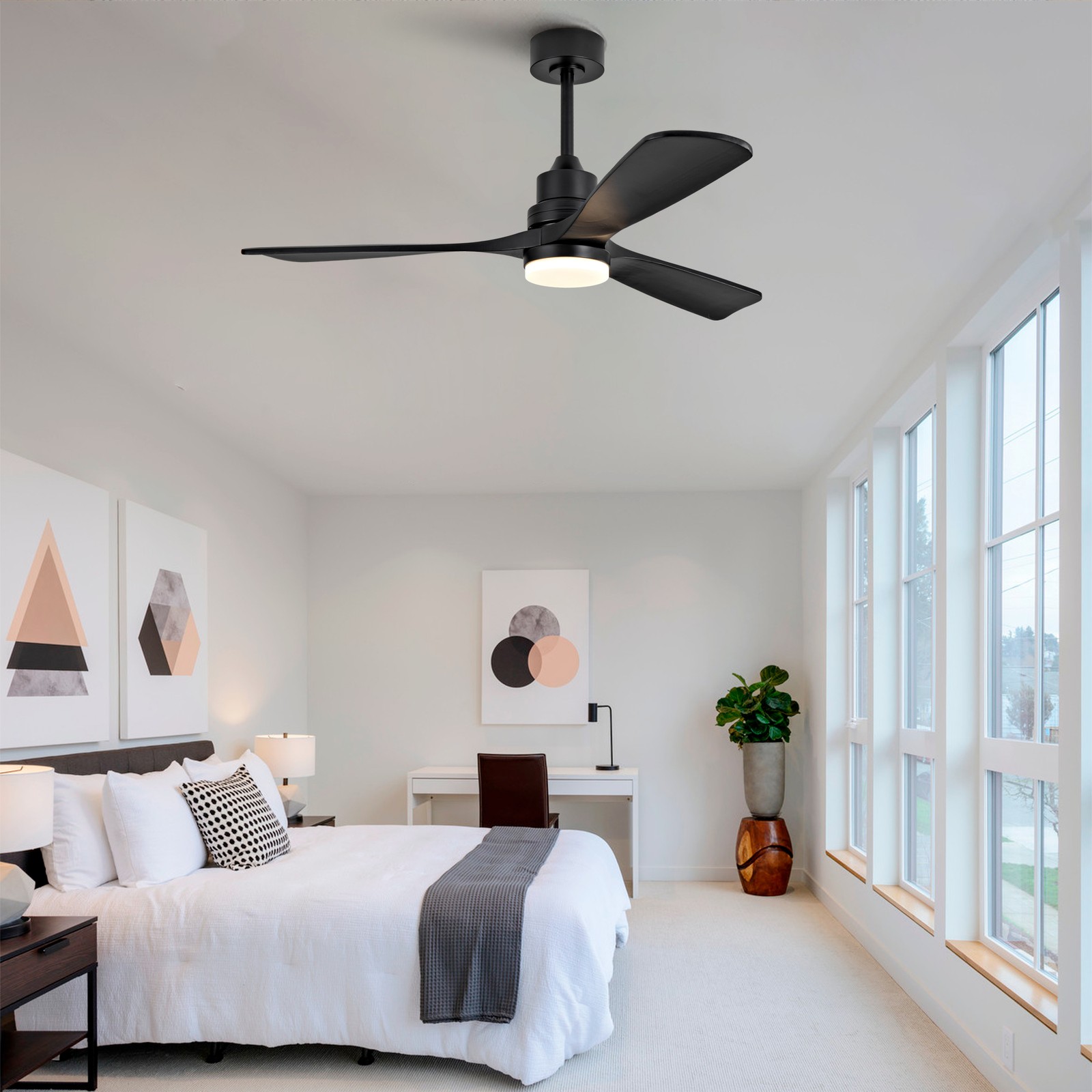 52" Modern Black Ceiling Fan With Light 3 Solid Wood Blades Remote Control