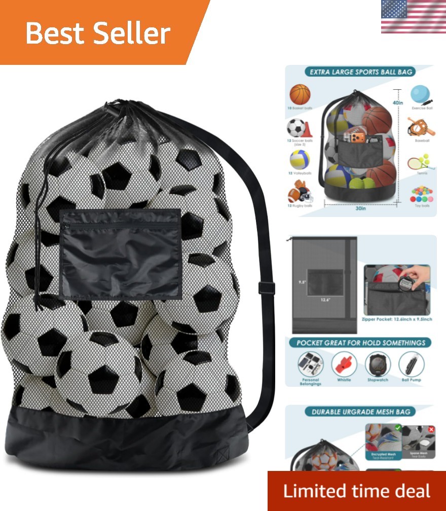 Extra Large Soccer Ball Net Bag, 40" x 30" Drawstring Mesh Ball Bag with Zipp...