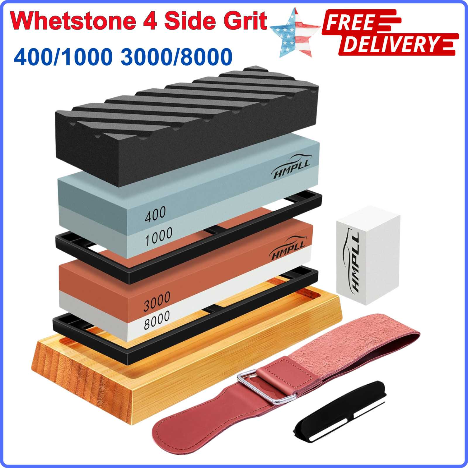Knife Sharpening Stone Set Professional Whetstone 4 Side Grit 400/1000 3000/8000