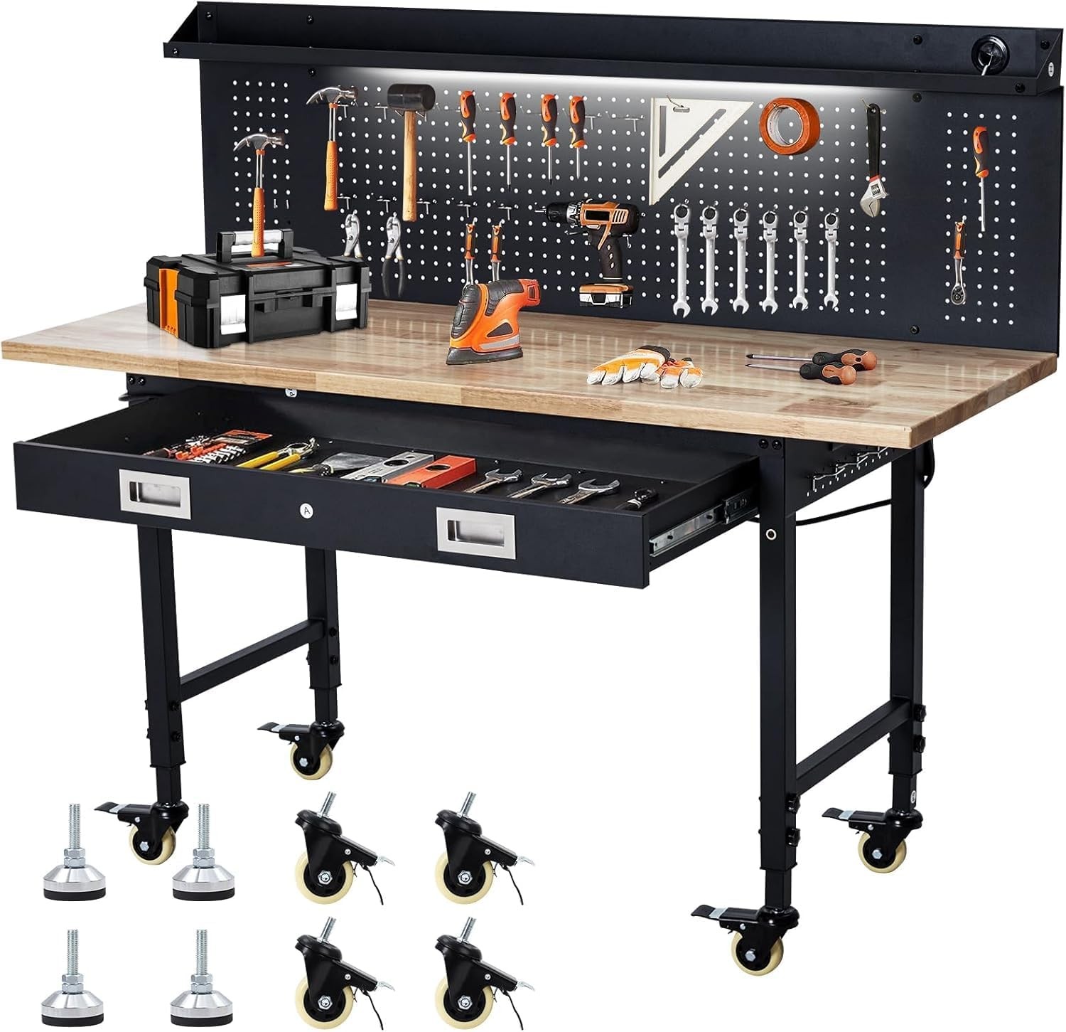 Workbench with Storage Drawer,Pegboard,Wheels Work Table for Garage,Workshop,60"