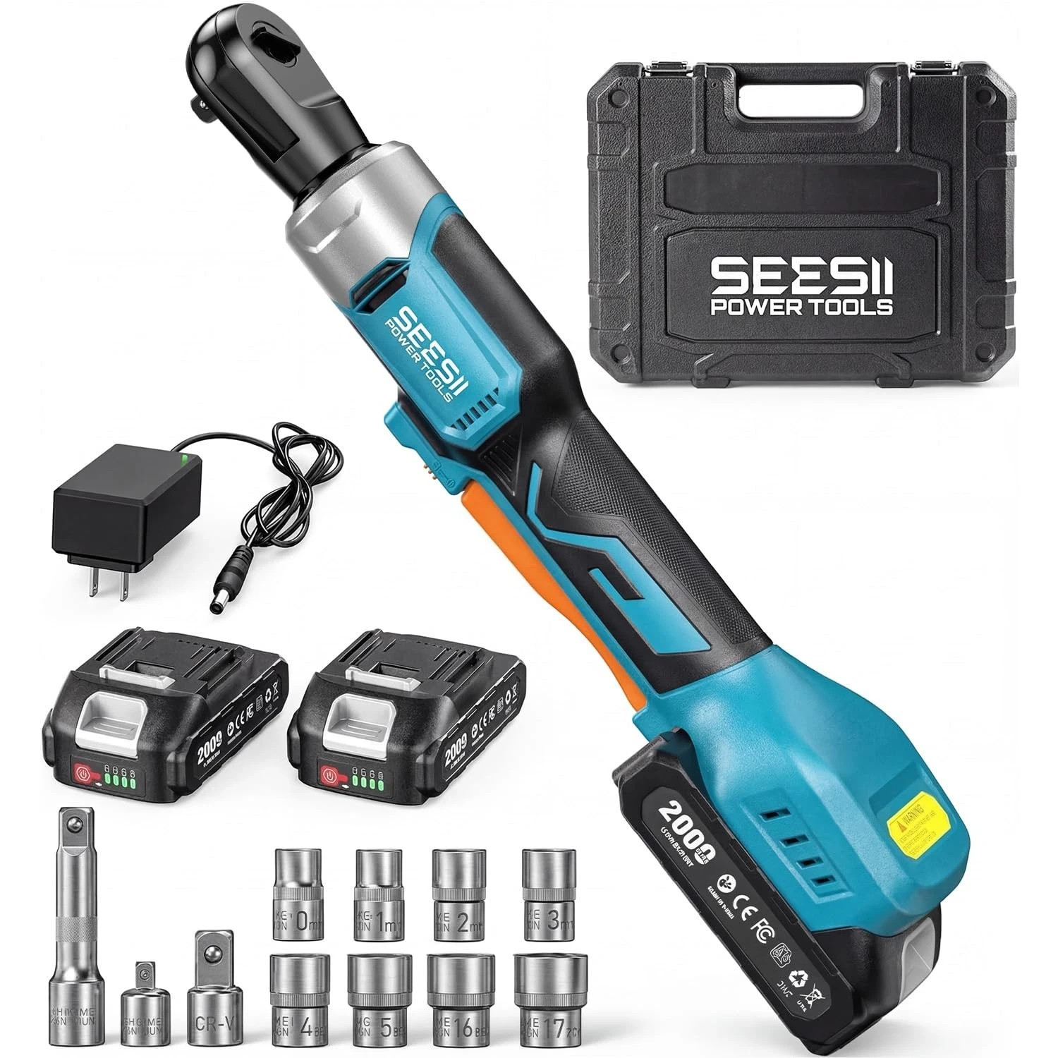 Cordless Ratchet Wrench 60 ft lbs 21V Electric 17mm Socket Seesii Led