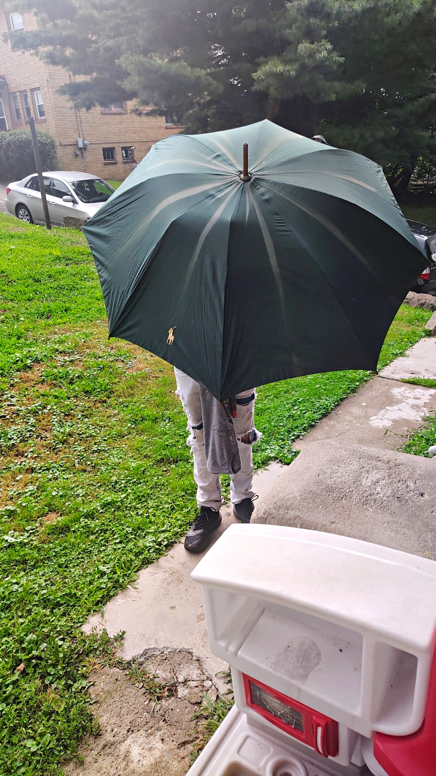 Vintage Ralph Lauren Solid Green Doorman Stick Umbrella with Wood Crook Handle