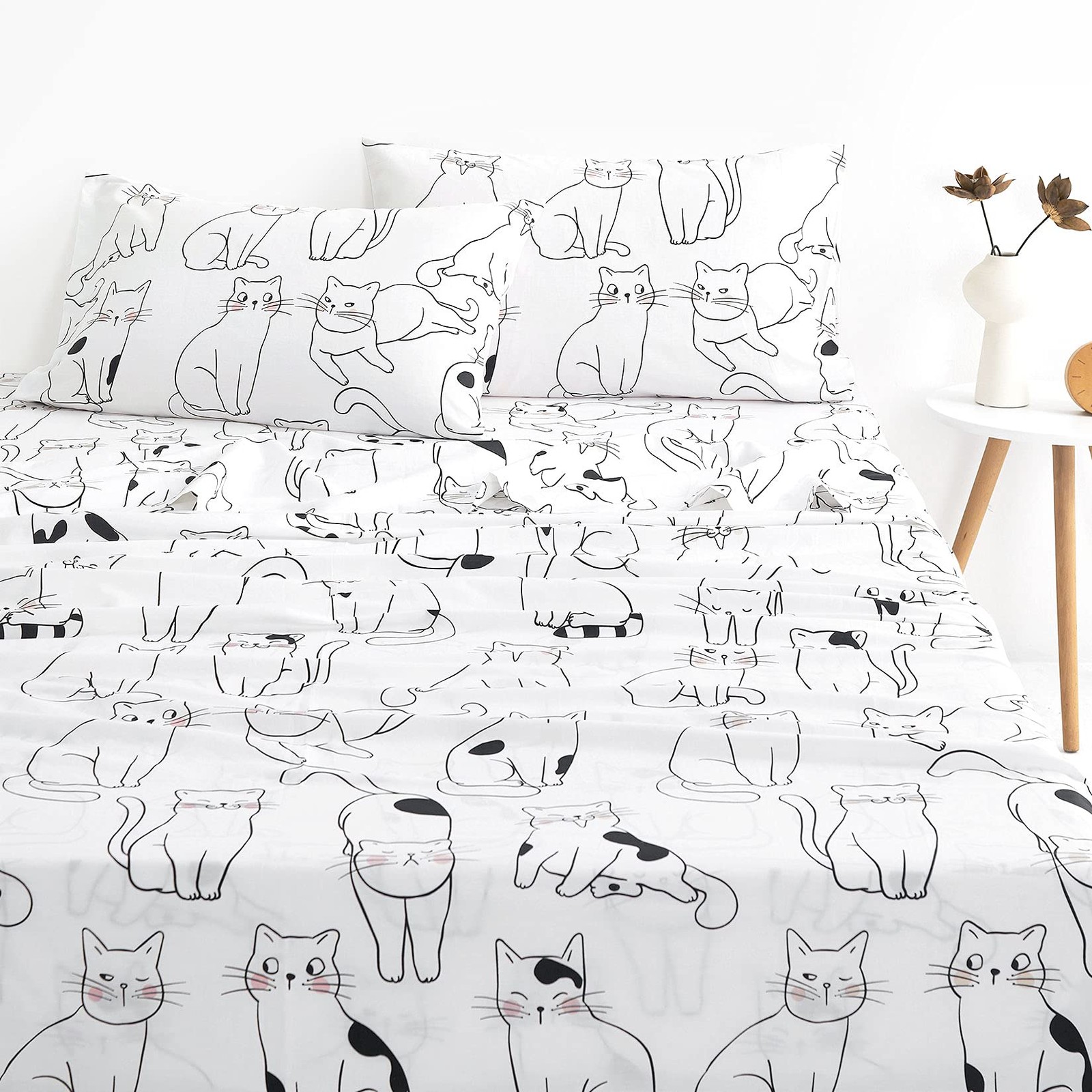 - Cats Bed Sheets, 100% Cotton, 4-Piece Sheet Set, Cute Cat Kitty Kitten Anim...