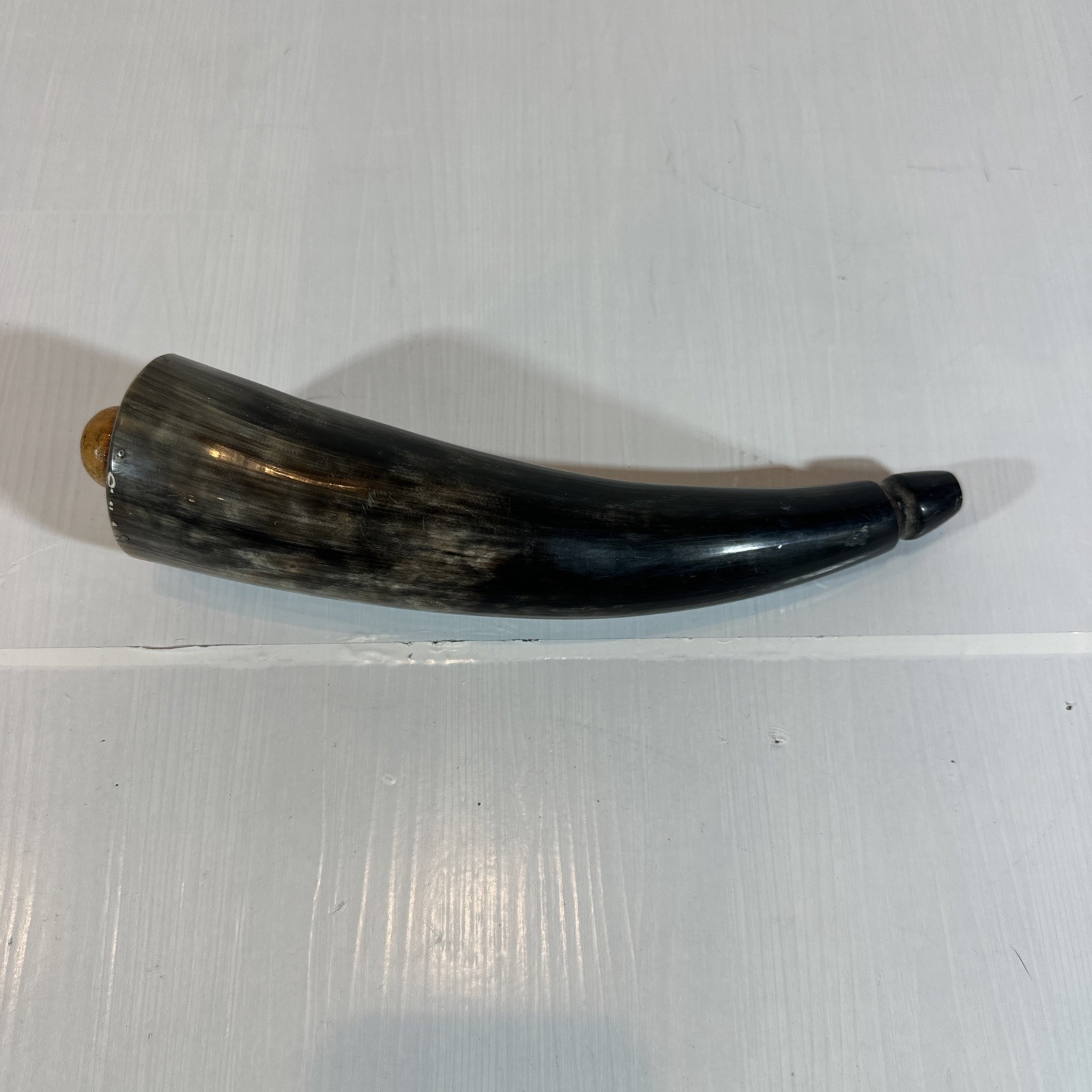 Antique Powder Horn Black Powder Flask Hollow Horn w/ Wooden Plug 11 Inch