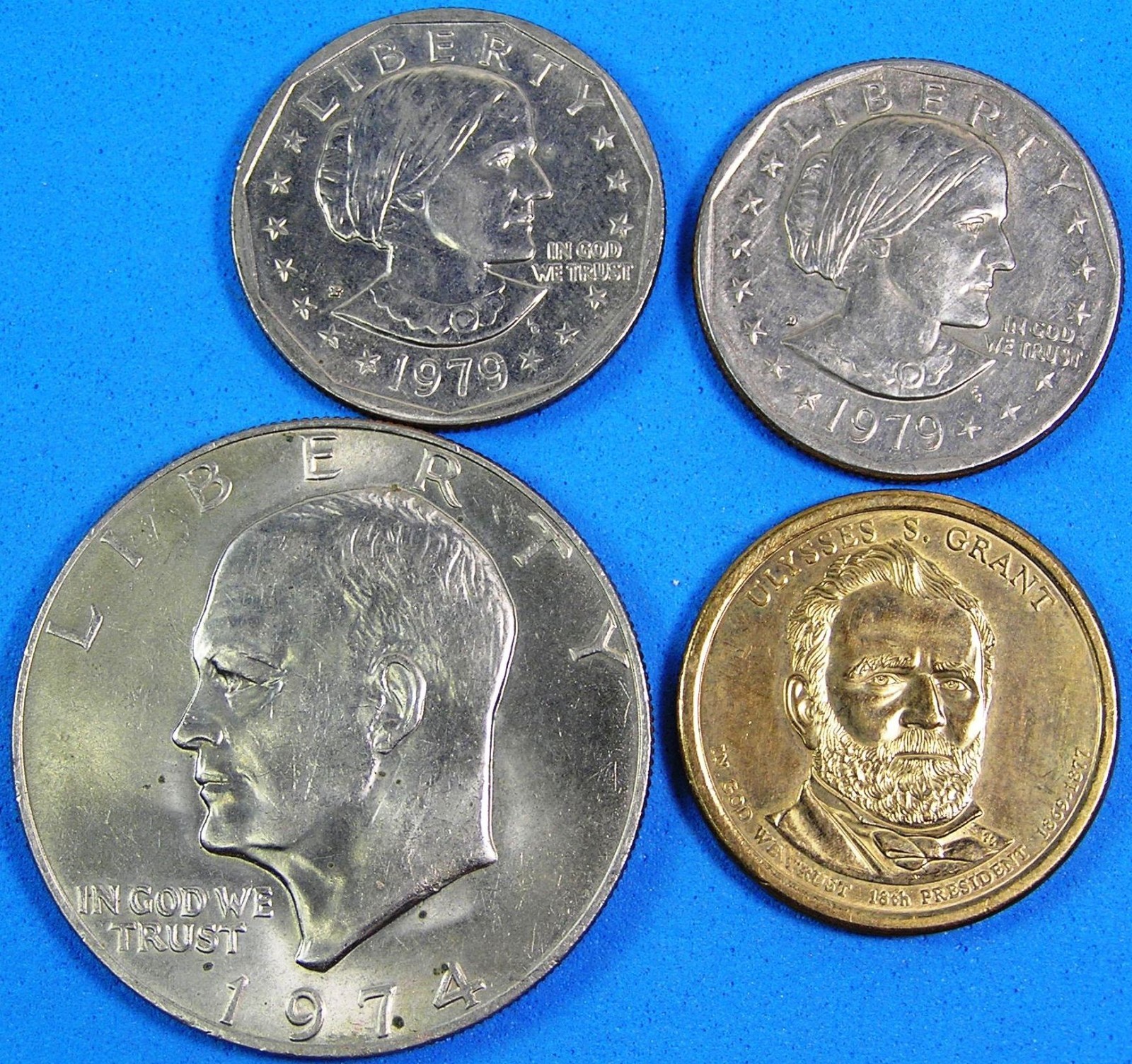 USA $1 Dollar Type Lot 4 Coins, Eisenhower, Anthony (D & P) & Presidential Grant