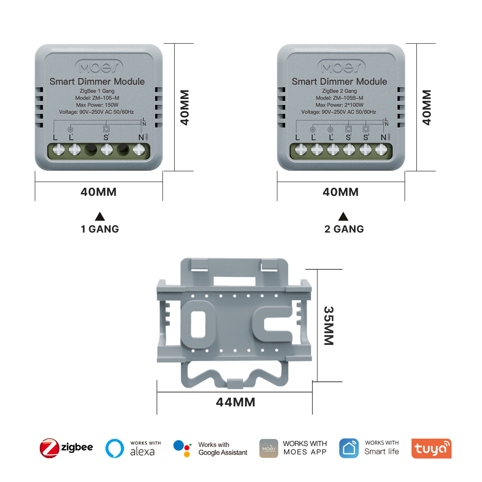 MOES 1/2 Gang ZigBee Smart Mini Light Dimmer Switch Module 3Way Alexa Google APP