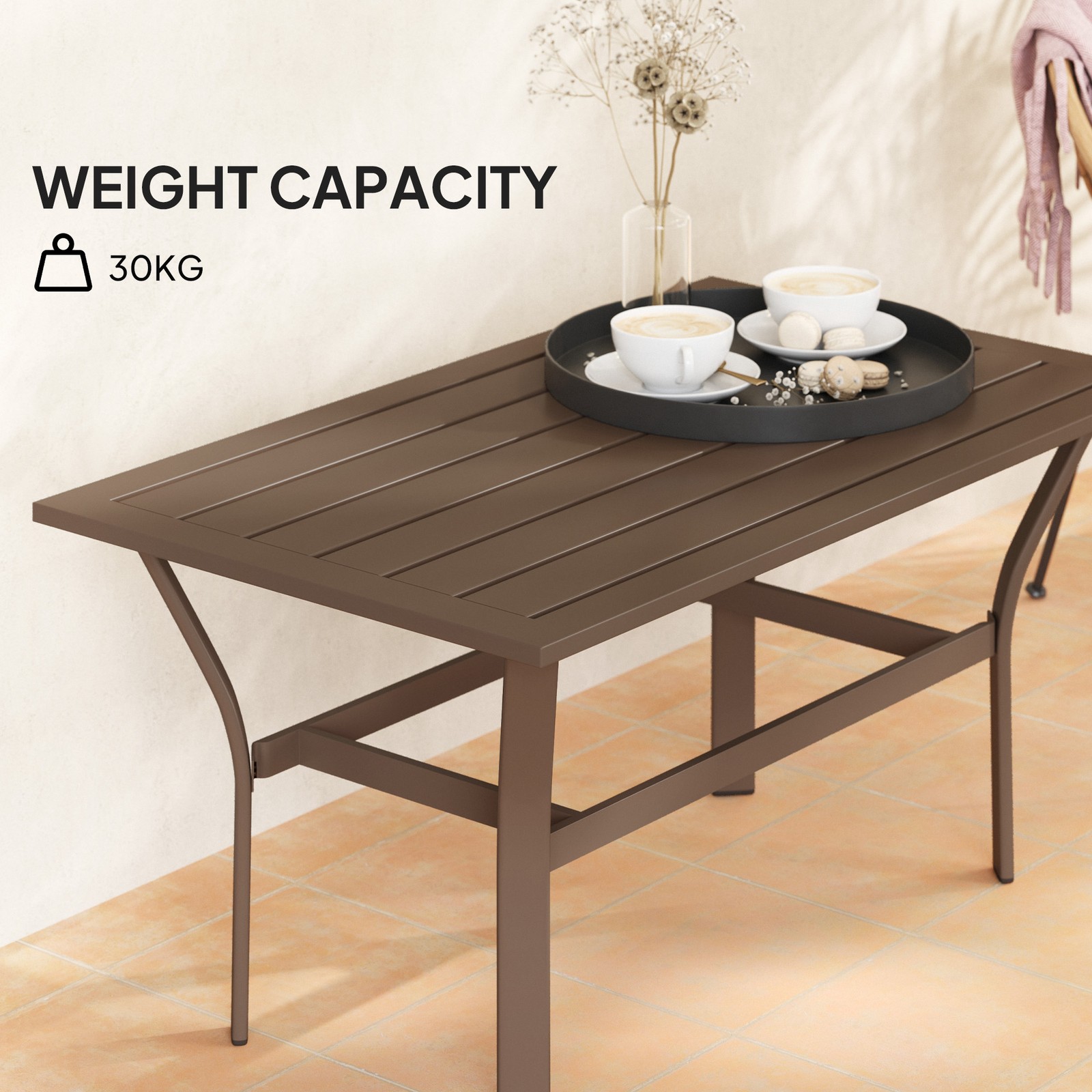 36in Metal Outdoor Coffee Table Rectangular Slatted Patio Table Brown