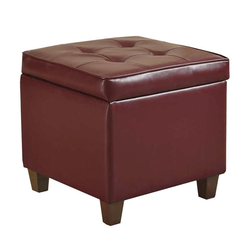 Pemberly Row Square Transitional Faux Leather Storage Ottoman in Dark Red