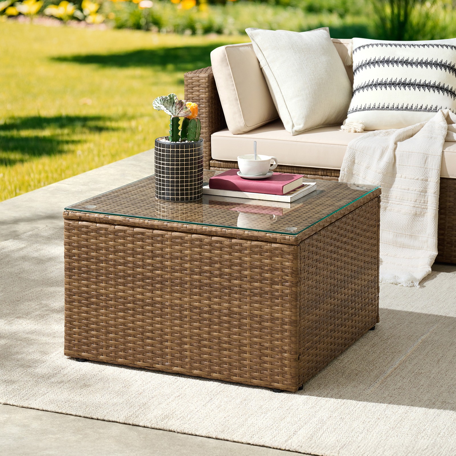 Outdoor Coffee Table 25.5” Weather-Resistant Small Patio Table with Glass Top
