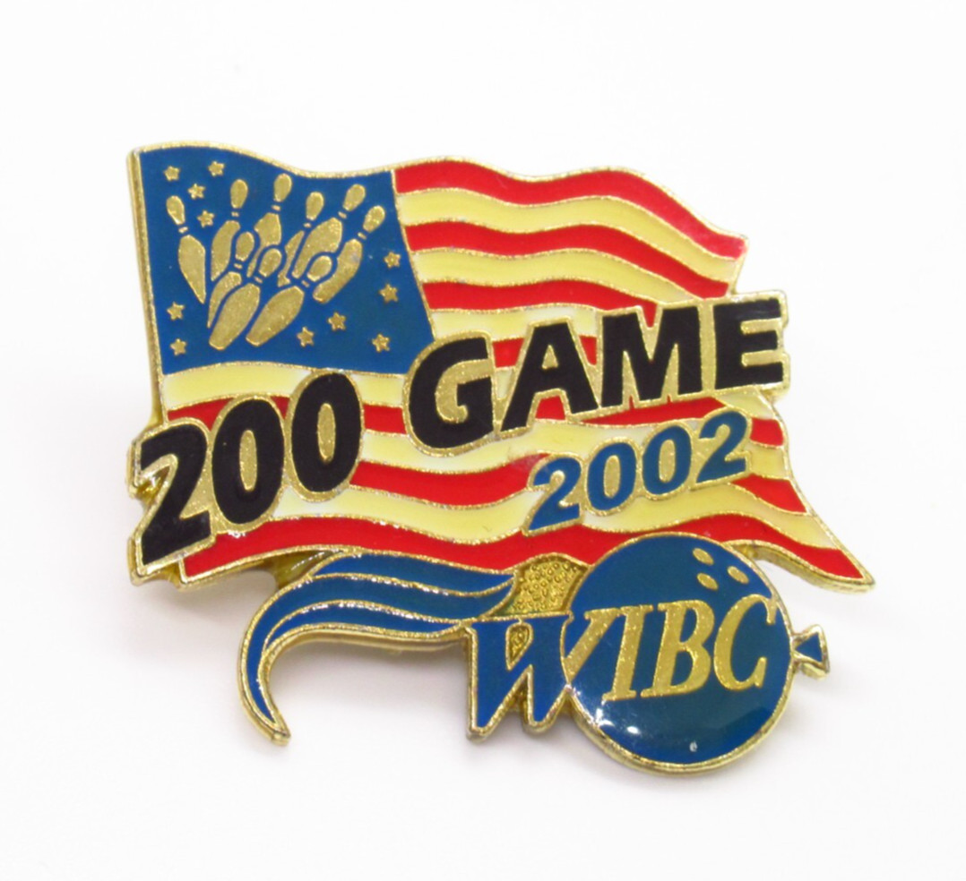 Bowling Pin WIBC 200 Game Lapel Pin 2002 USA Flag Red White Blue Vintage
