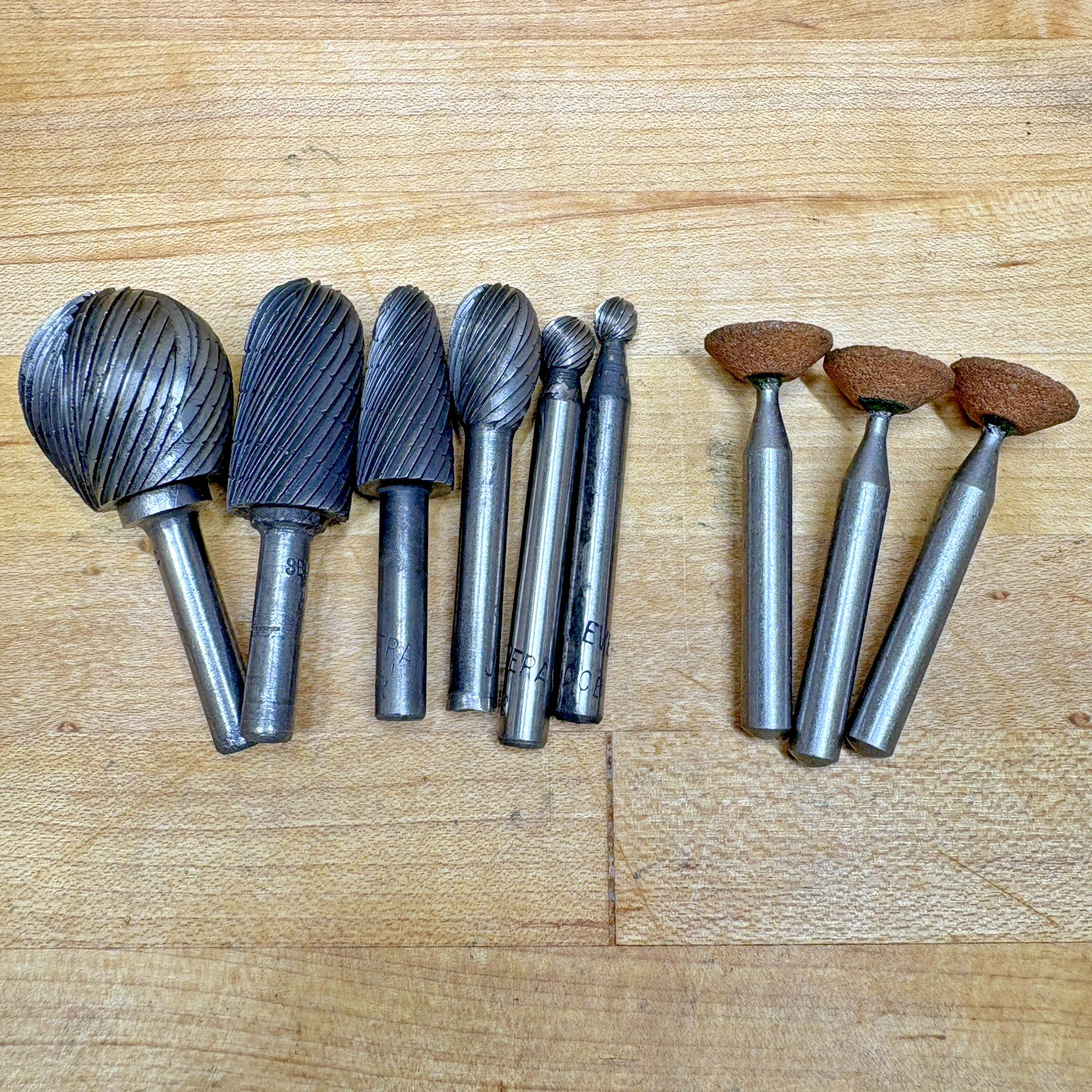 Lot 9 Vintage 1/4” Shank Rotary Burrs SEVERANCE Carbide + Grinding Stones