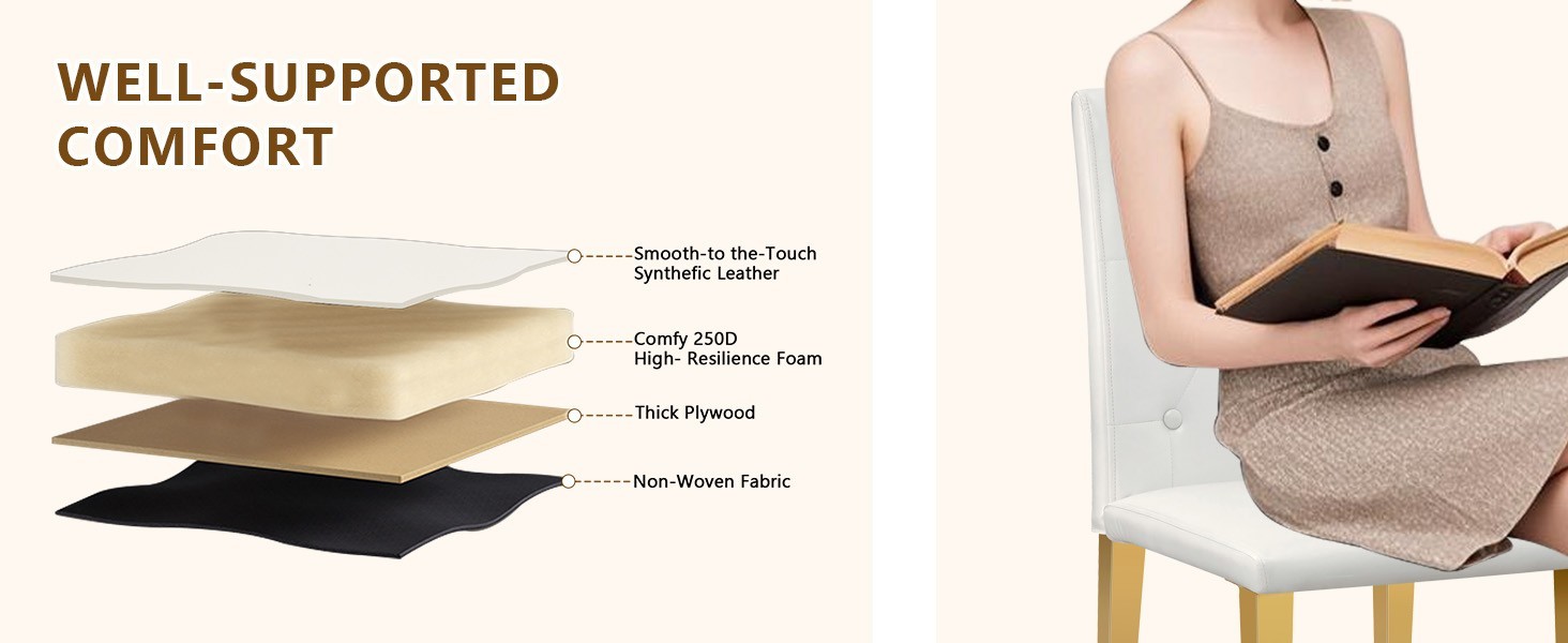 White PU Chairs 4-Pack-Ergonomic Backrest & Golden Metal Legs