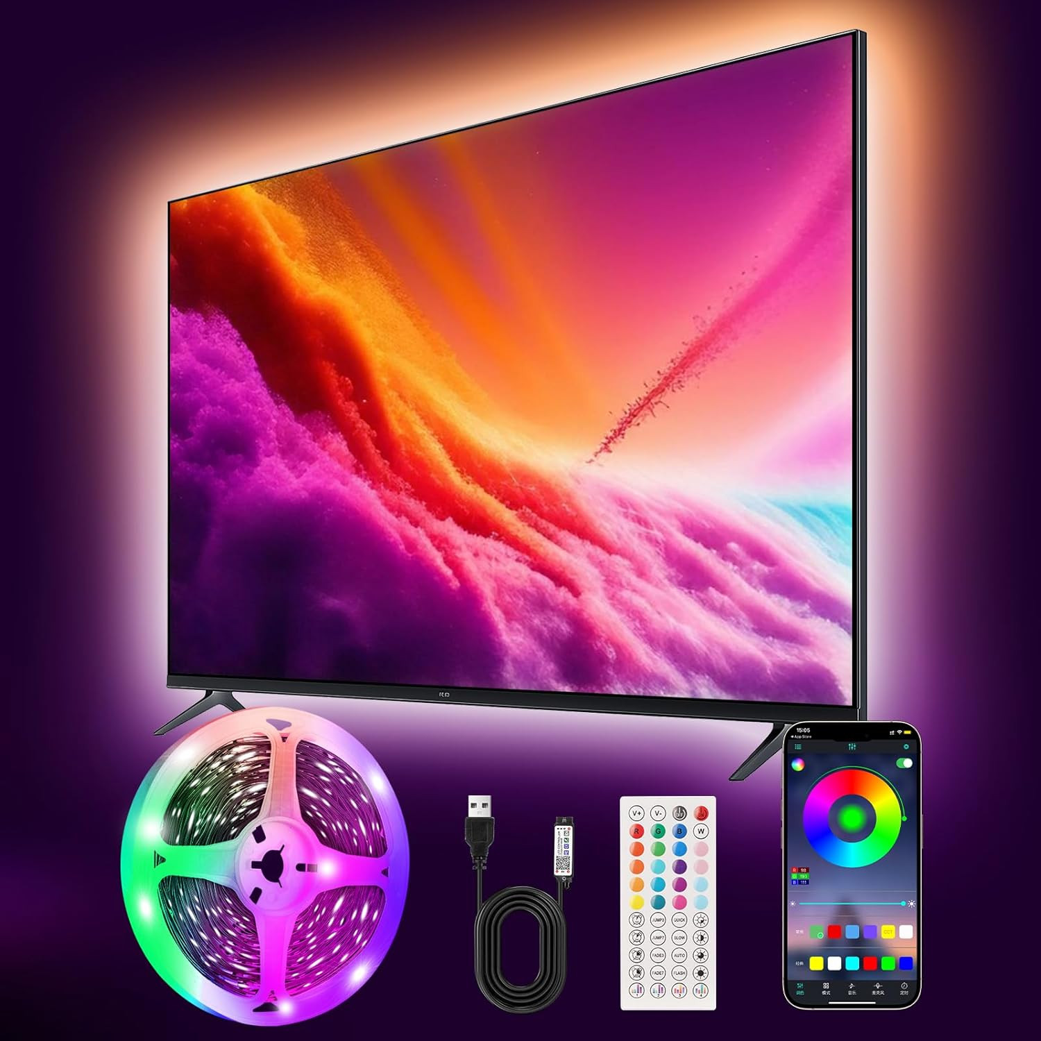 RGB Strip Lights with Remote & App Control, USB Powered for 45-75 Inch TVs,