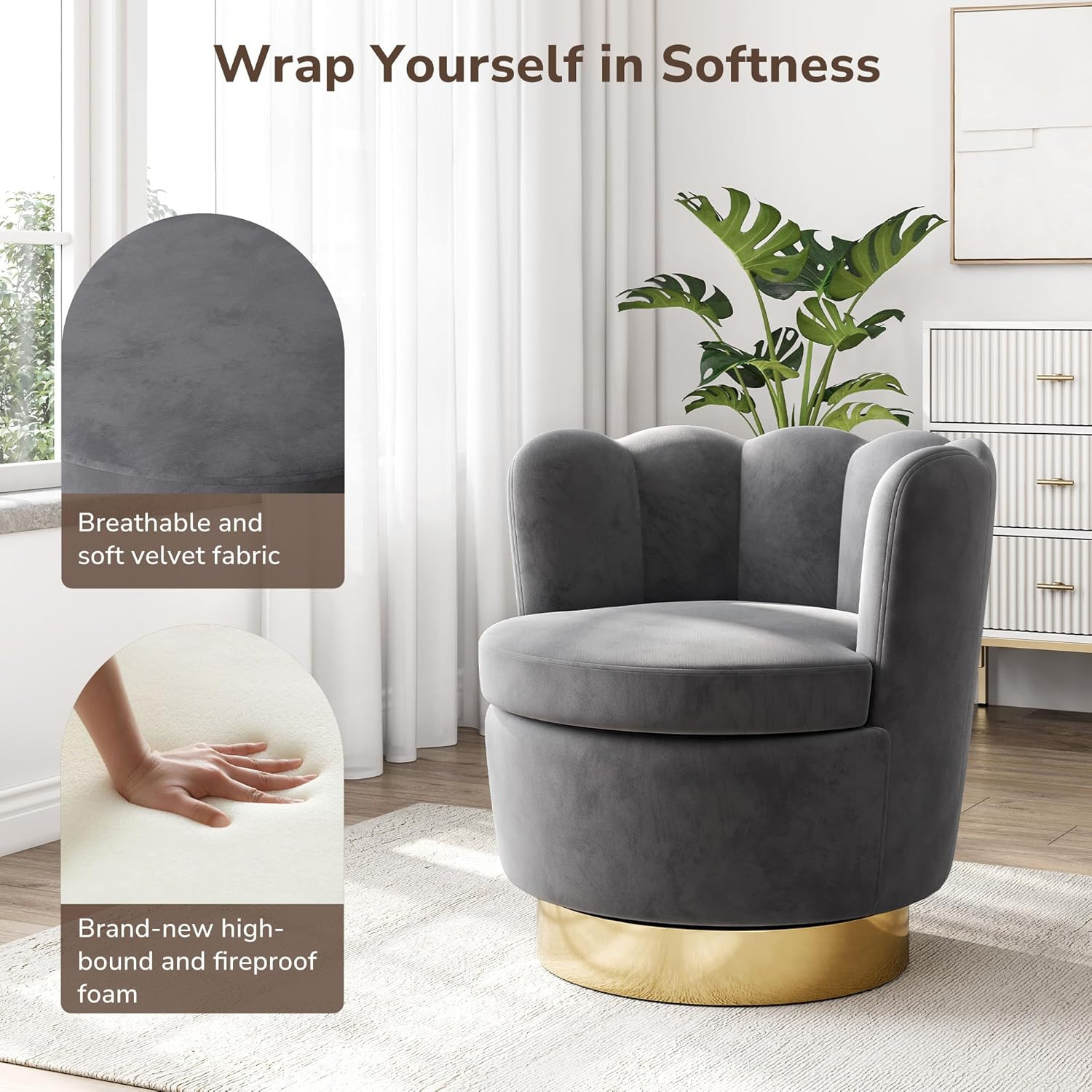 Set of 2 Modern Velvet Swivel Accent Chairs - Dark Grey Barrel Design