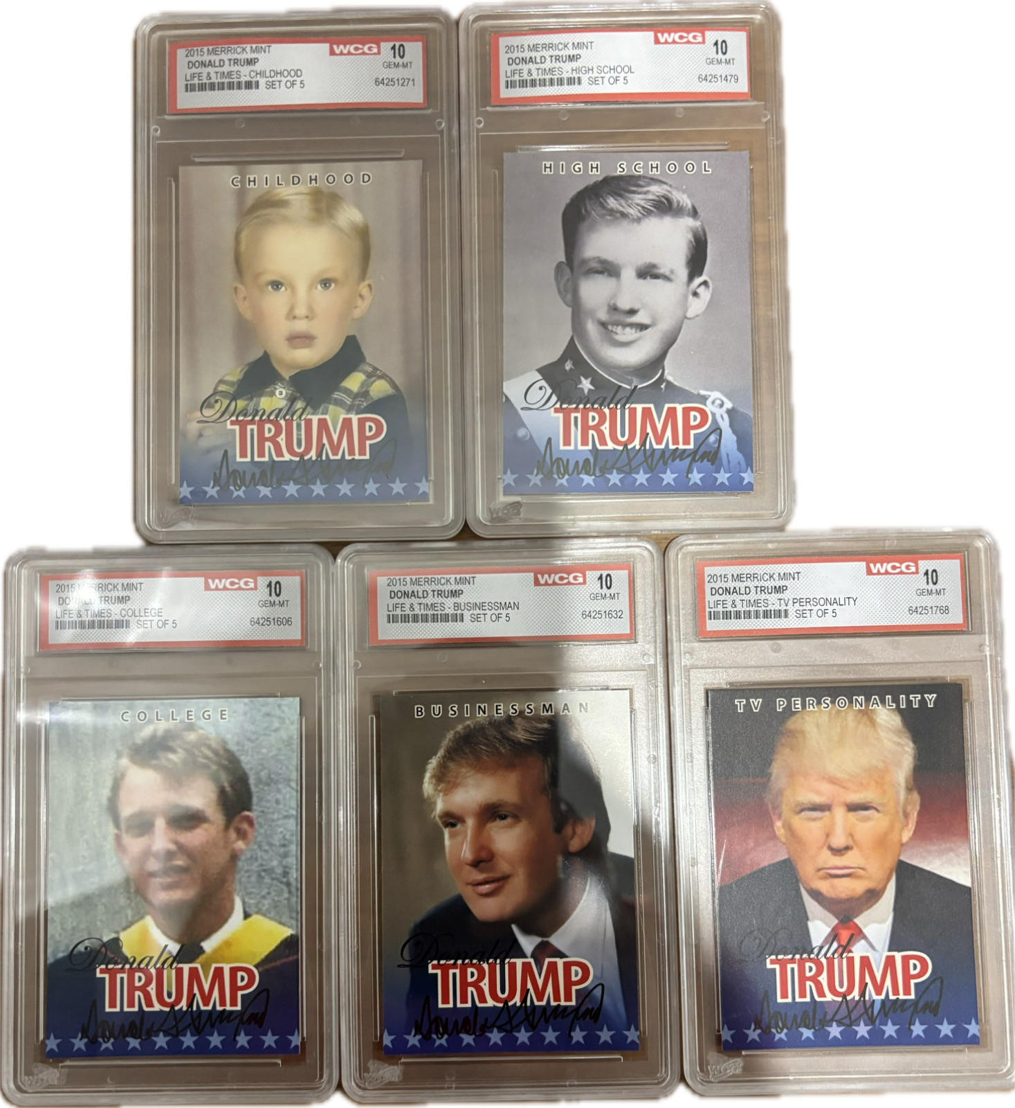 2015 DONALD TRUMP 45th President GENUINE Life & Times 5-Card Set - GEM-MINT 10