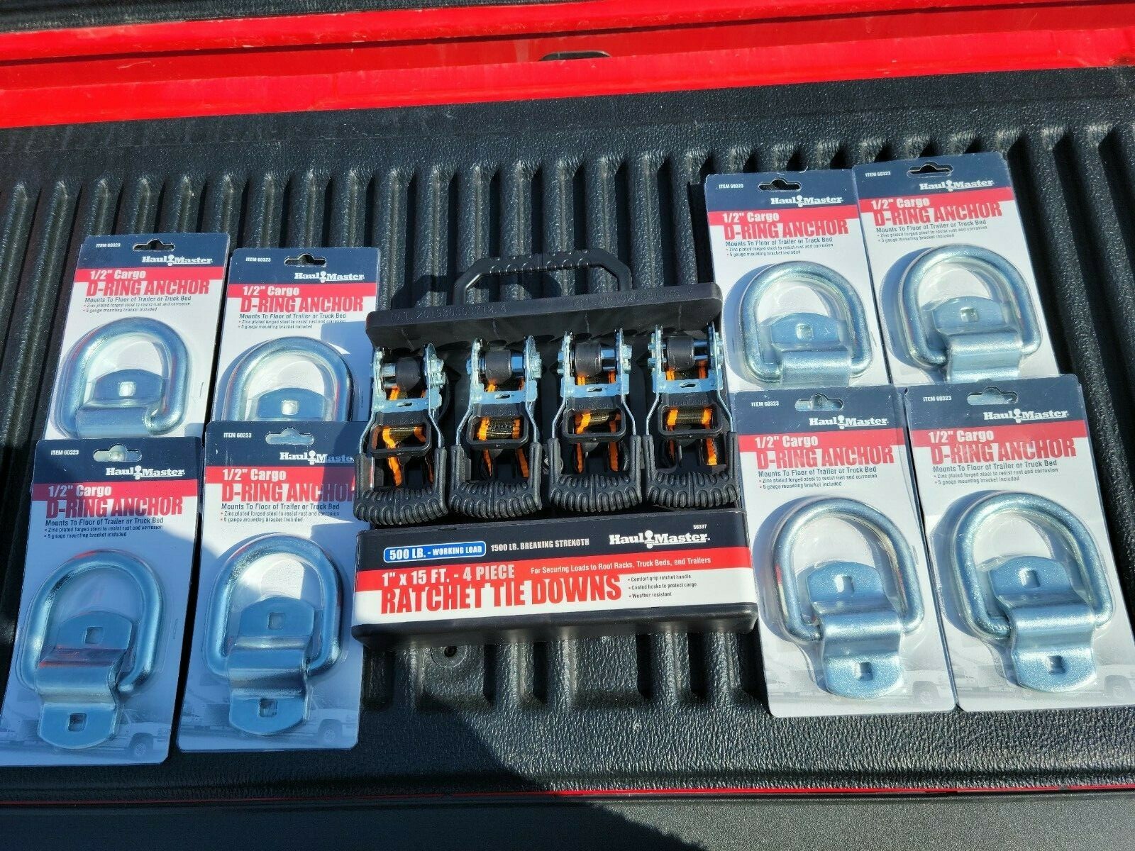 Haul Master Tiedown Kit 4 Ratcheting Straps and 8-1/2Cargo D-Rings Set