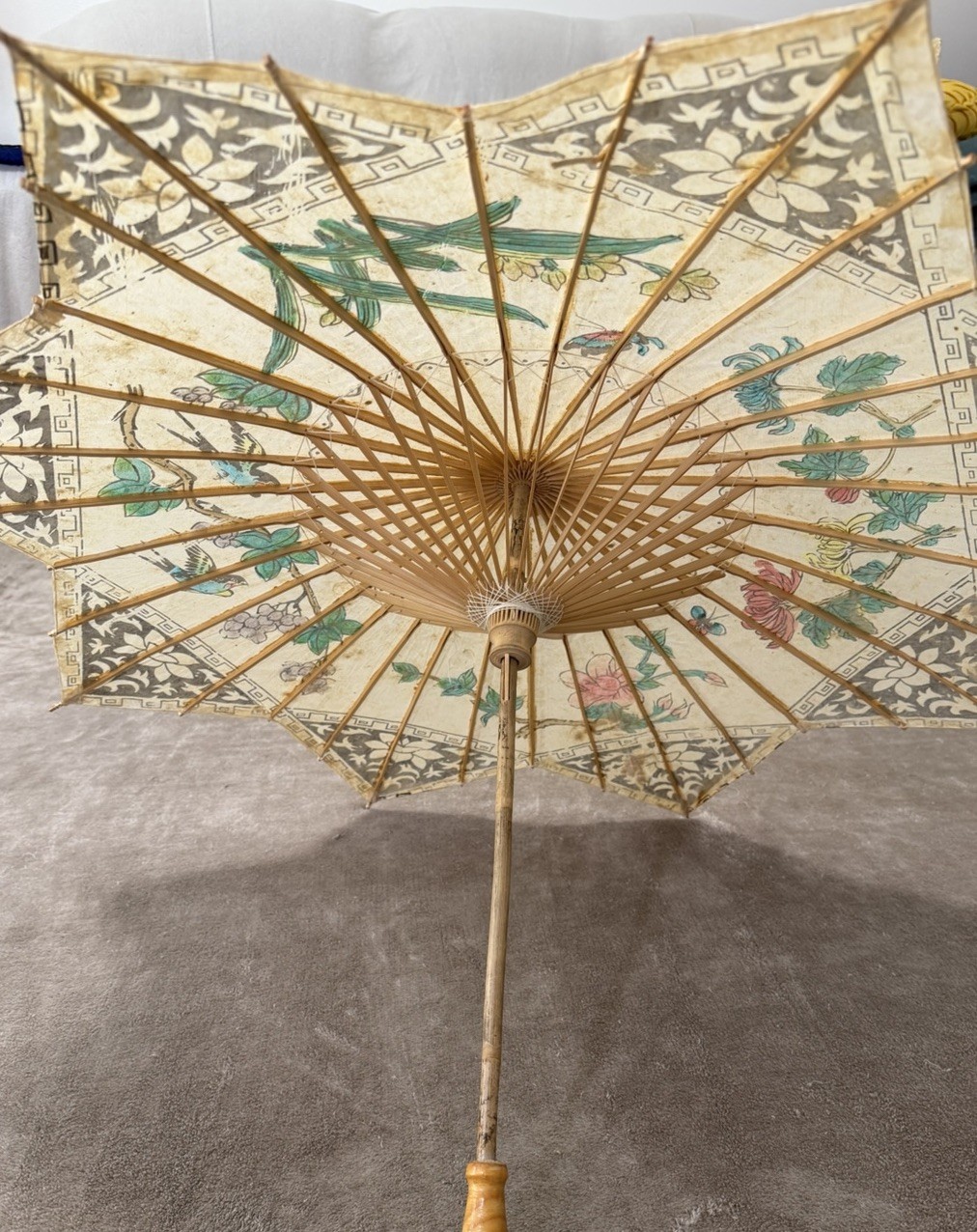 Vintage Hand Painted Parasol Wagasa Asian Umbrella Birds Floral Wooden Handle