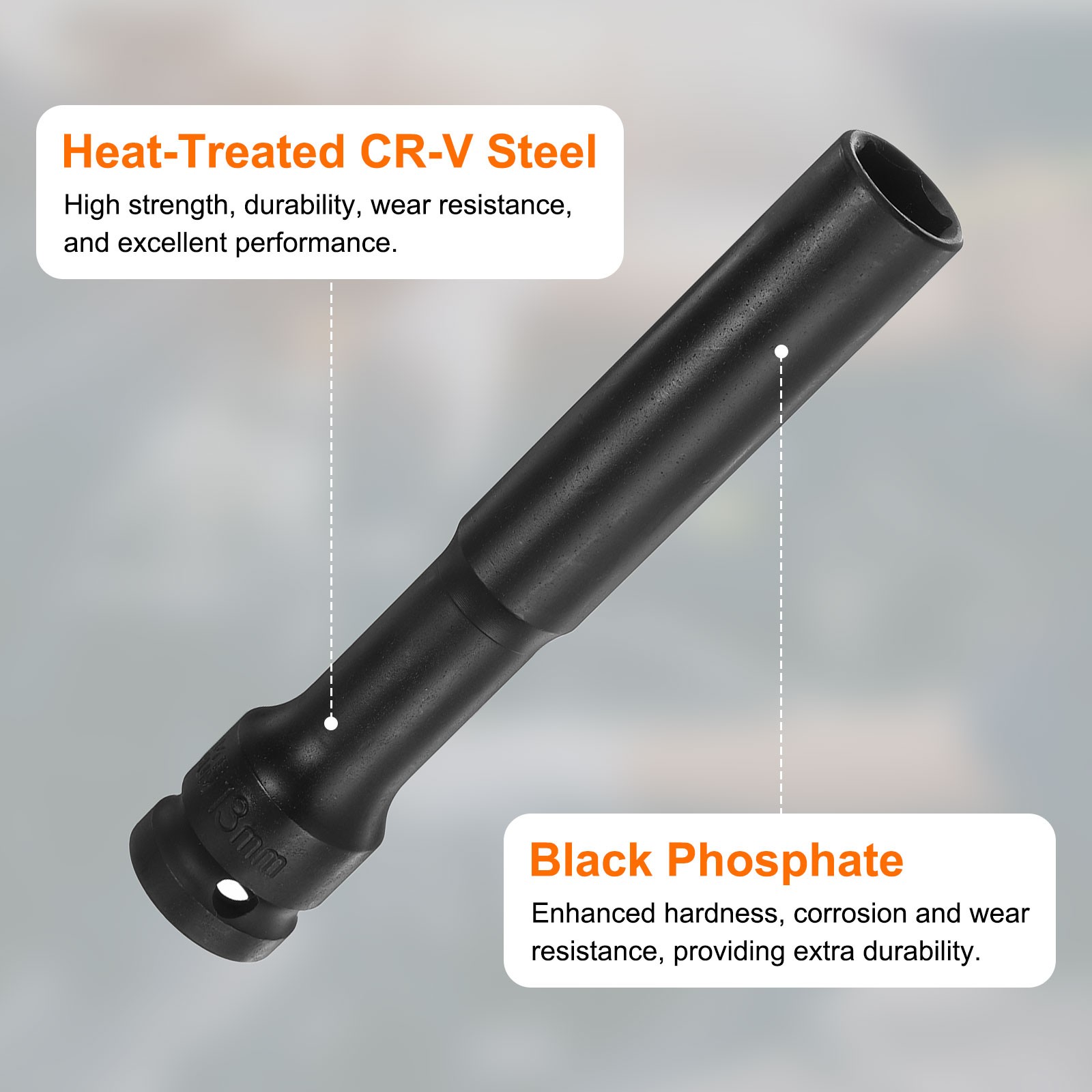 2pcs Thin Wall 6 Point Impact Socket 13mm Socket 1/2" Drive 5" Long CR-V Steel