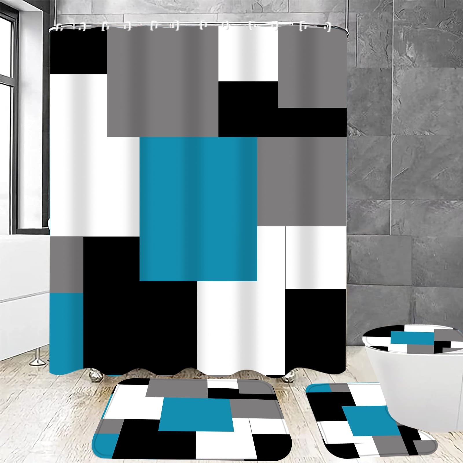 4Pcs Geometric Blue Modern Bathroom Shower Curtain Set with 12 Hooks Bath Mat ..