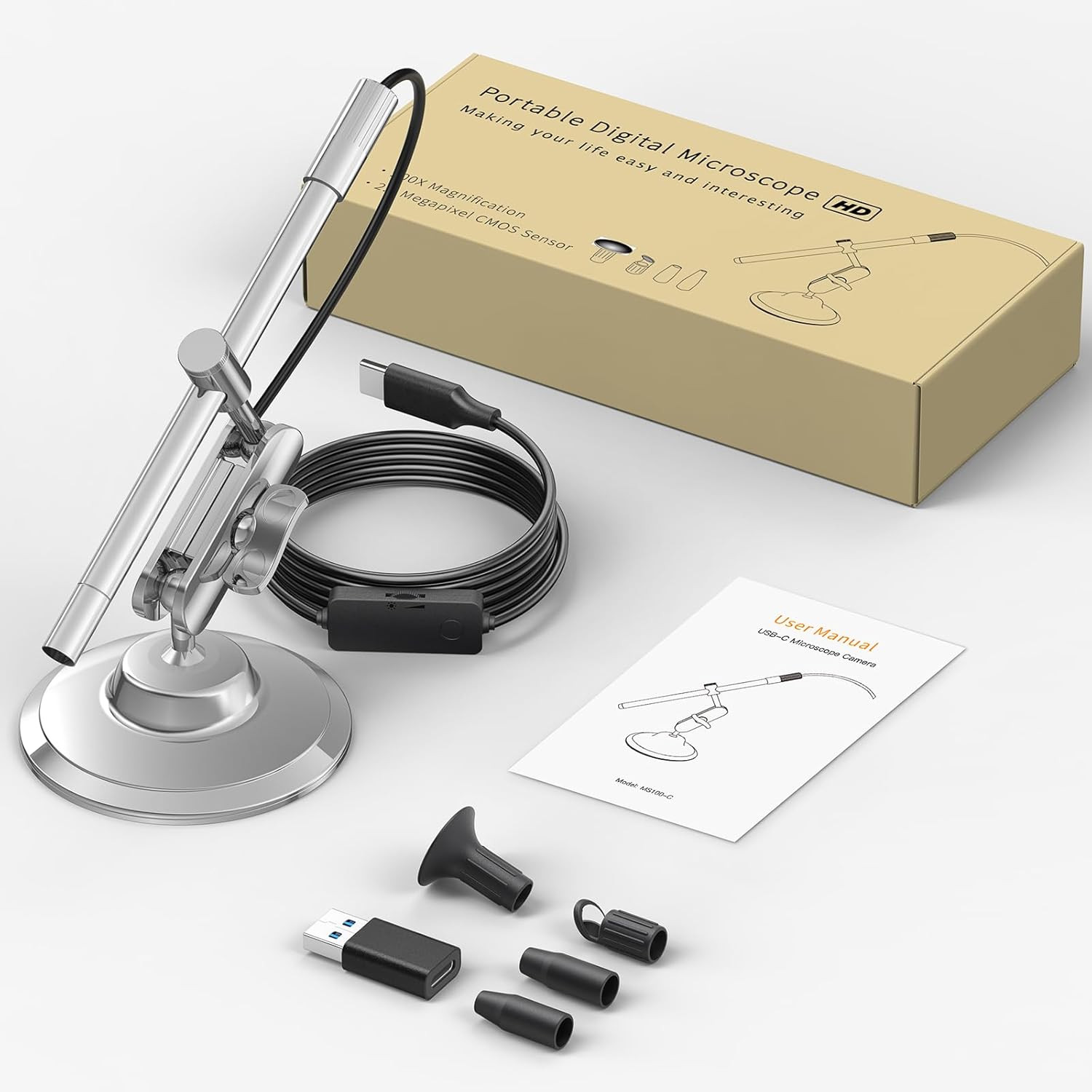 USB-C Digital Microscope, 10X to 200X Magnification Portable Camera with 8 LED L