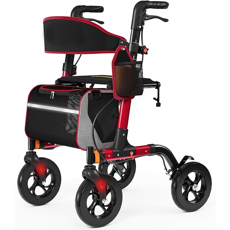 Rollator Walker with Seat for Seniors 350lb Heavy Duty 8" Wheels Foldable Red