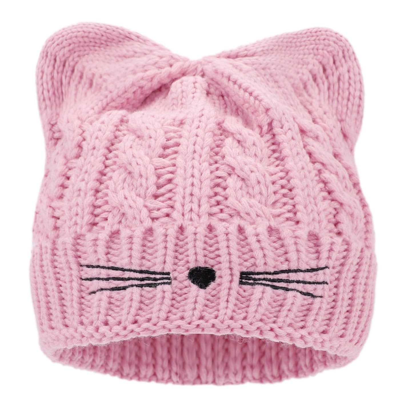 Kids Girls Cable Knit Winter Hat Beanie with Cat Ear One Size, A - Light Pink