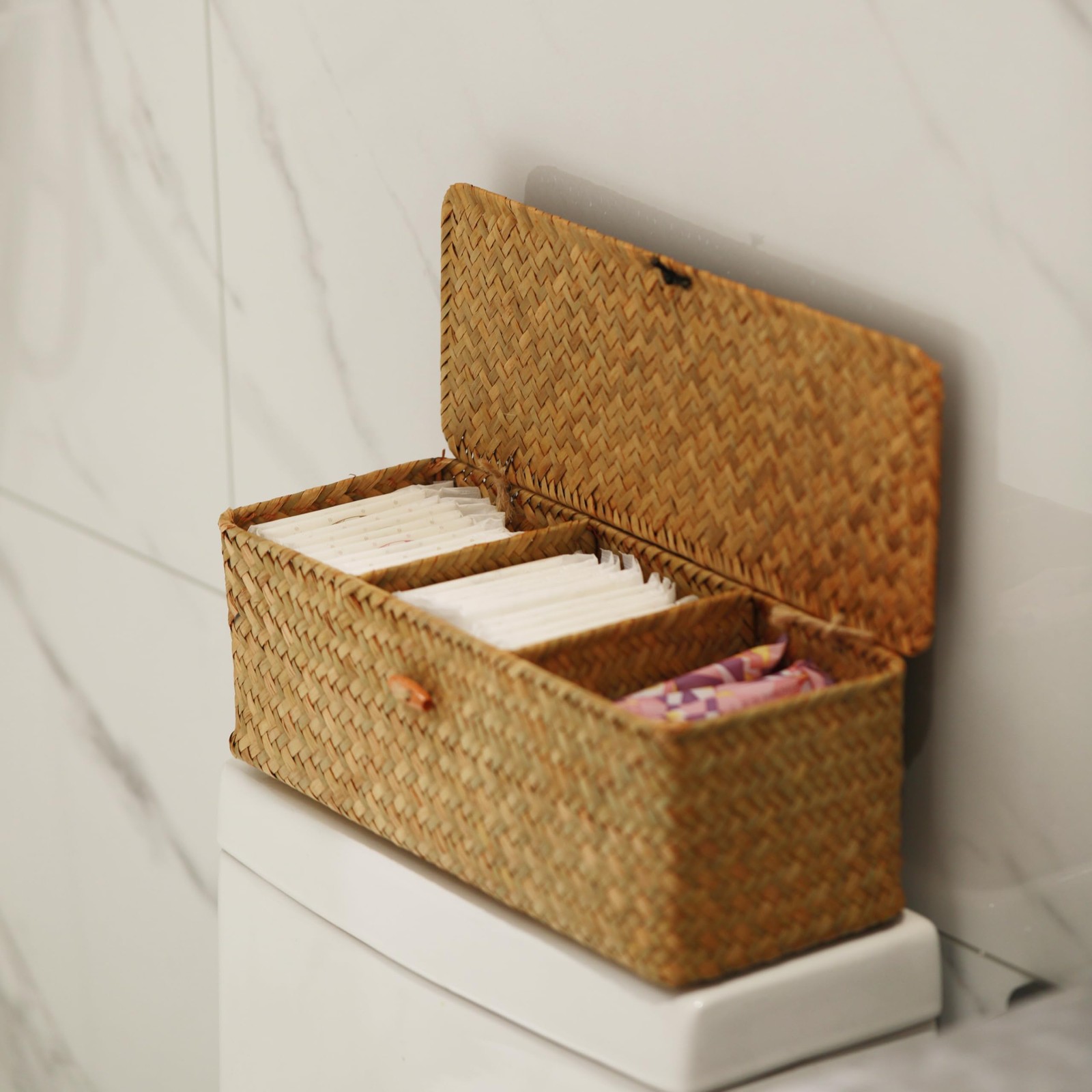 Seagrass Storage Basket with Lid Rectangular Small Woven Shelf Baskets with S...