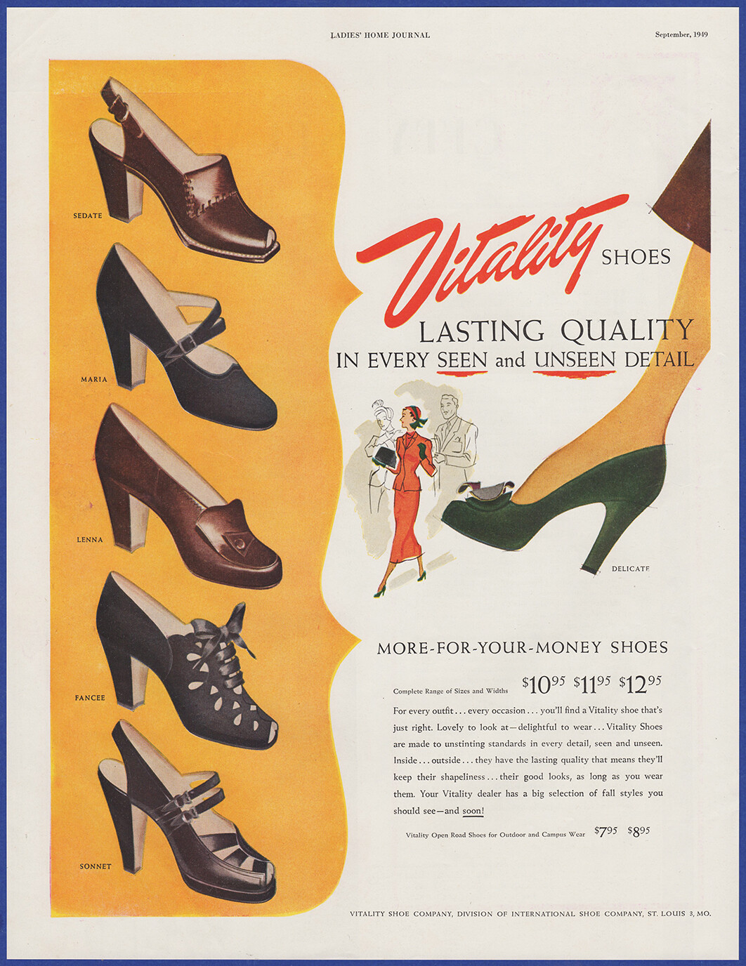 Vintage 1949 VITALITY Shoes Women's Sedate Maria Lenna Fancee 1940's Print Ad