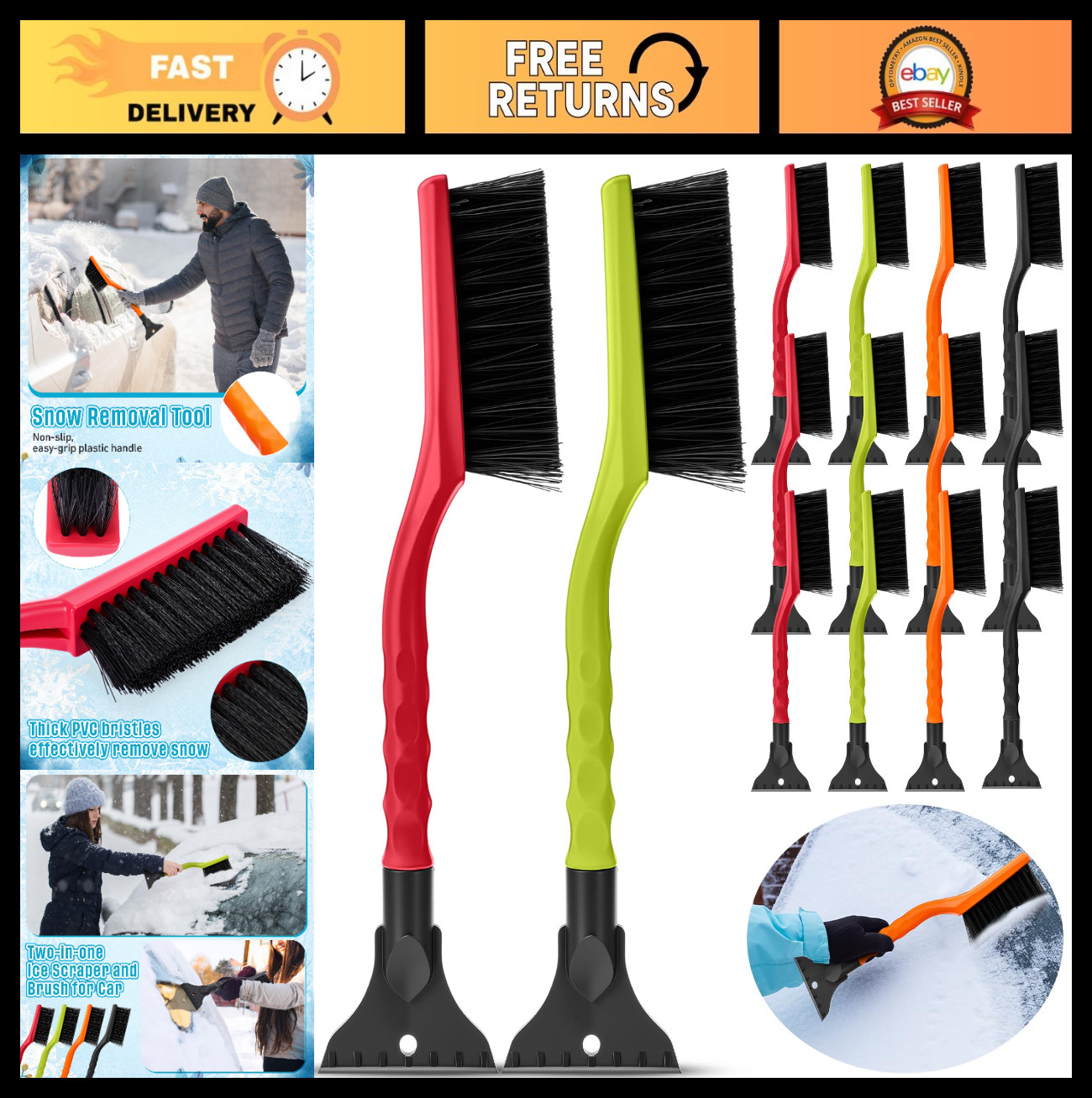12 Pcs 16" Winter Car Snow Brush Set - Ice Scraper, Soft Bristle, 2-in-1 Tool fo