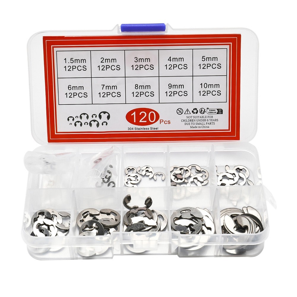 120pc Retaining Ring Assortment Stainless Steel E-Clips Washers M1.5-M10