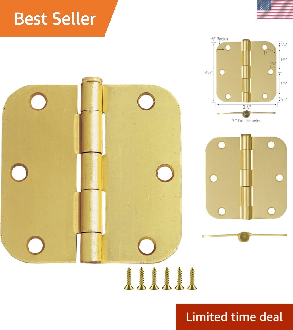 Heavy-Duty Satin Brass Door Hinges - 10-Pack, 3.5-Inch Size with 5/8-Inch Radius