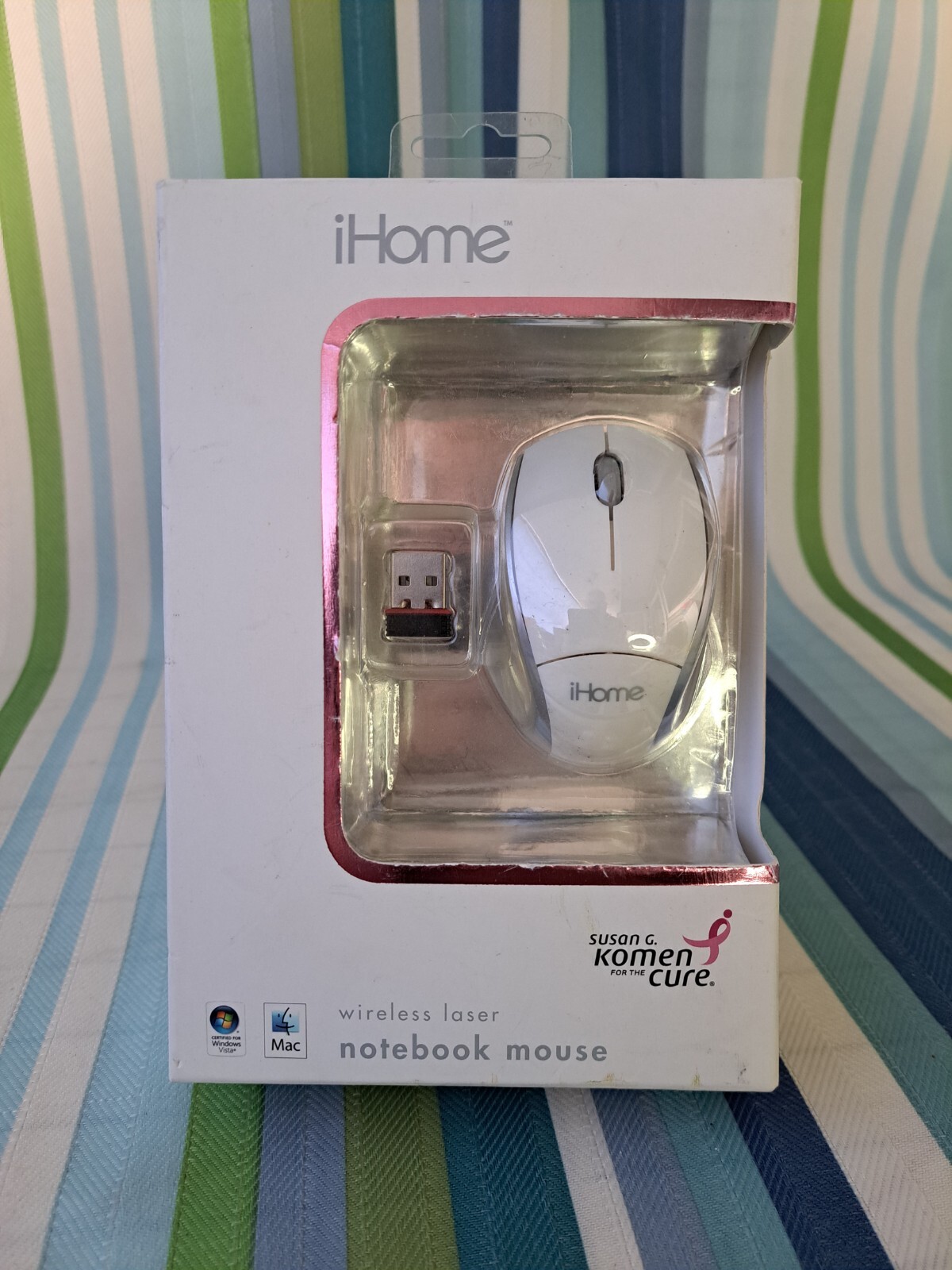iHome Wireless Laser Notebook Mouse Susan G. Komen White & Silver NIB BIN06