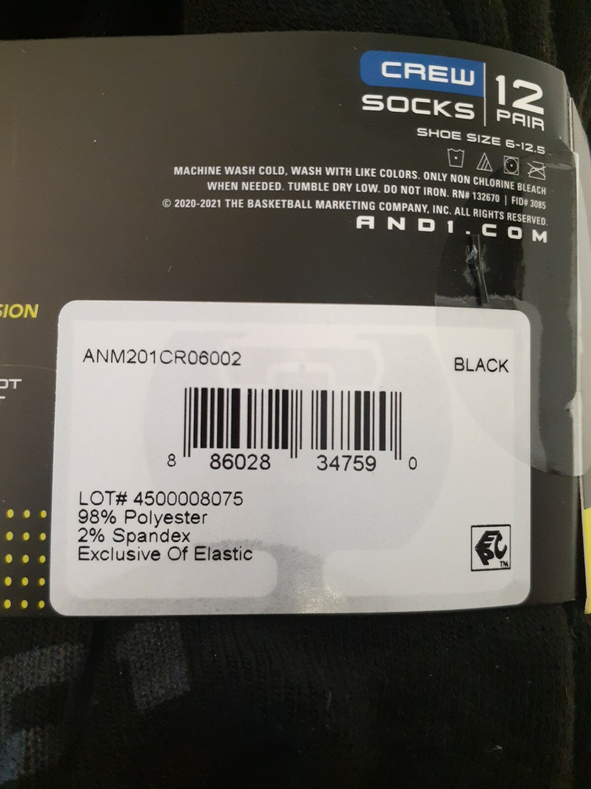 AND1 Black 12 Pair ProPlatinum Crew Socks Arch Compression Proplatinum