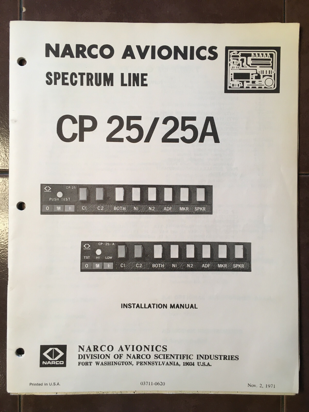 Narco Avionics CP-25, CP-25A, CP-25B & CP-25C Audio Install Manual