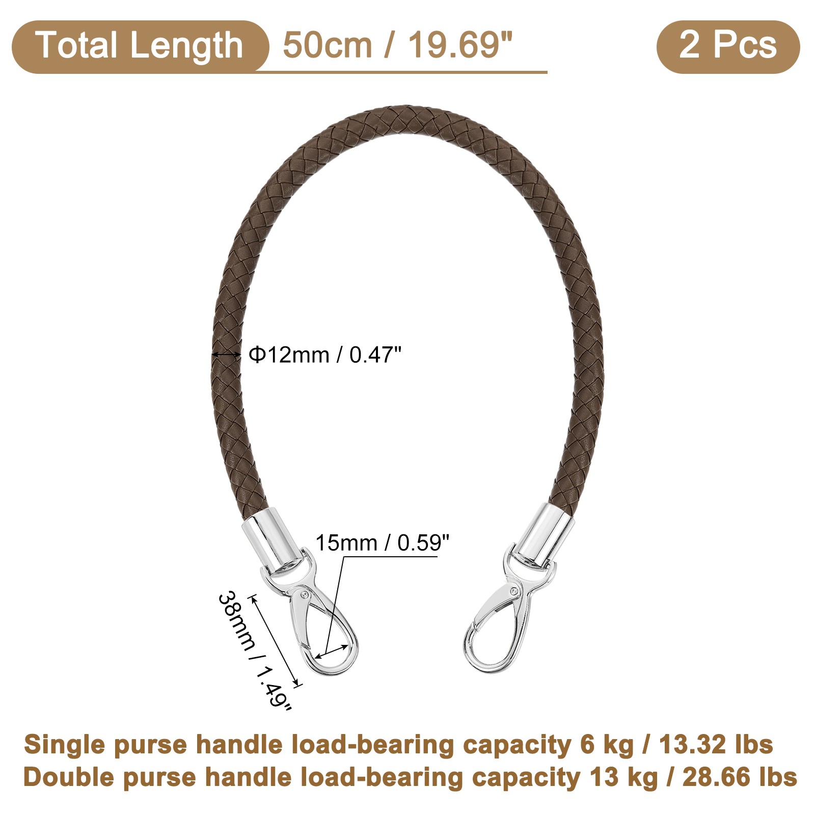 2Pcs 50cm Short Leather PU Braided Purse Replacement (Dark Coffee, Silver)
