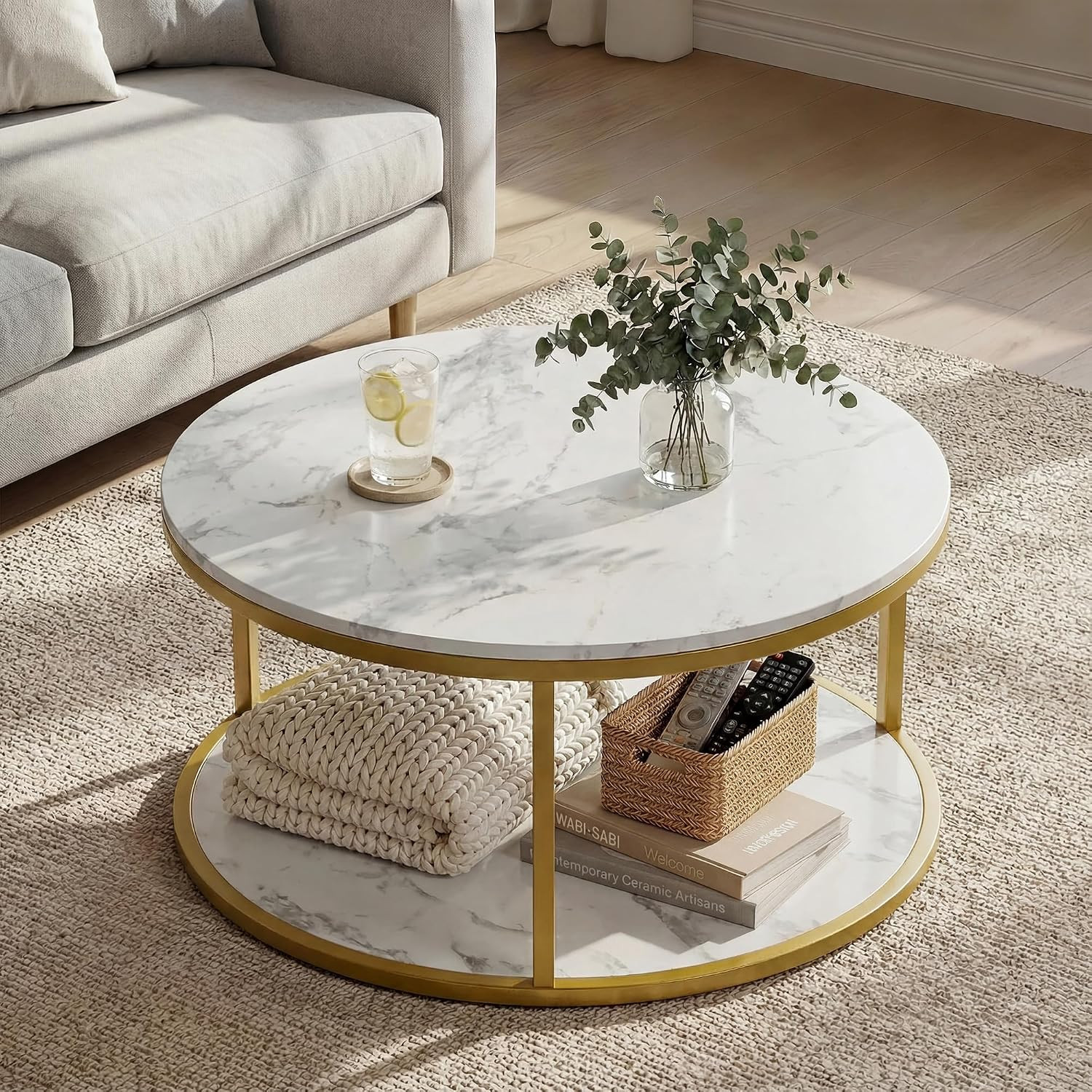 36“ Wood round Coffee Table, Coffee Tables for Living Room, Metal & Wood round T