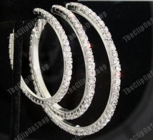 CLIP ON diamante AUSTRIAN CRYSTAL glass rhinestone BIG HOOP EARRINGS non-pierced