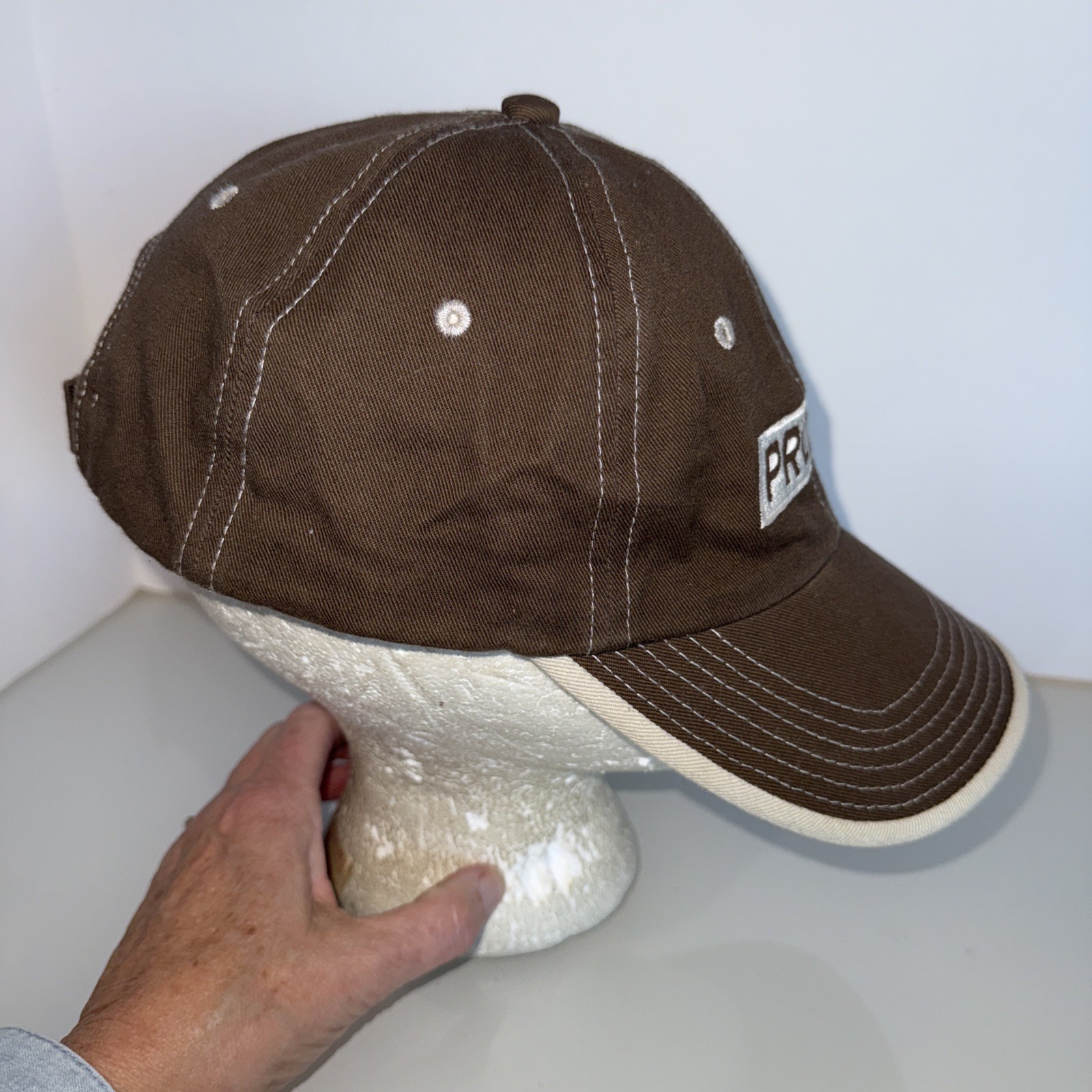 PRO AG White on Brown Cotton Hat Cap Hook Loop Port Authority White Topstitched